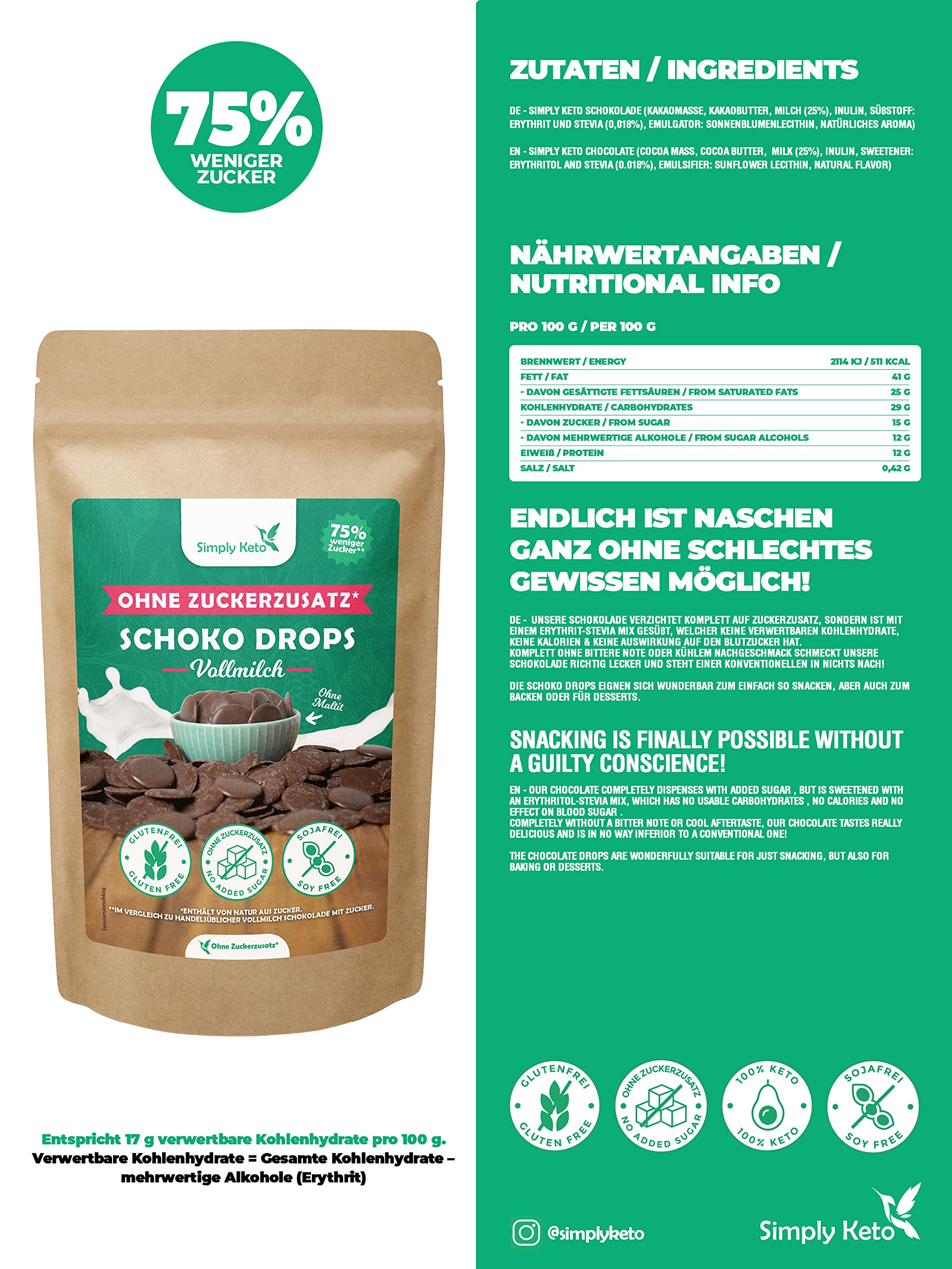 Simply Keto Schokodrops Vollmilch 200 g ohne Zuckerzusatz