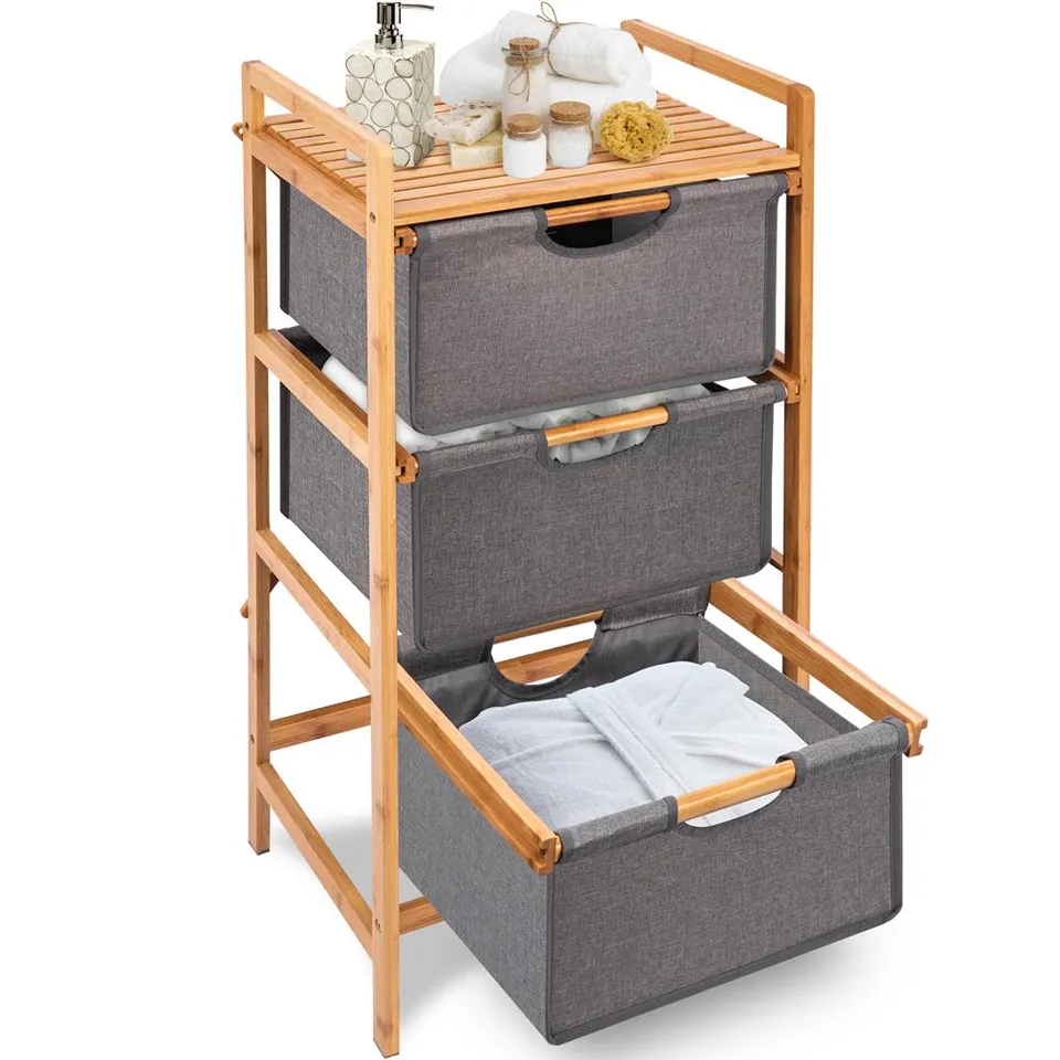 Serenelife Bathroom Wäschekorb Bambus 3 Fächer 44x33x96cm