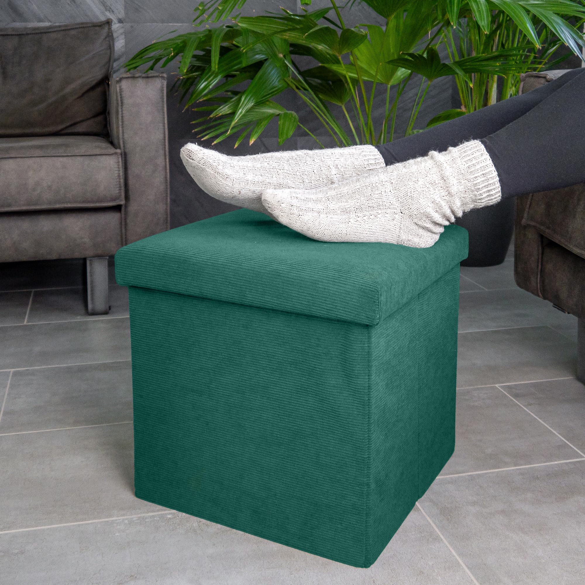 Intirilife Sitzhocker 38 cm Grün Cord mit Stauraum faltbar