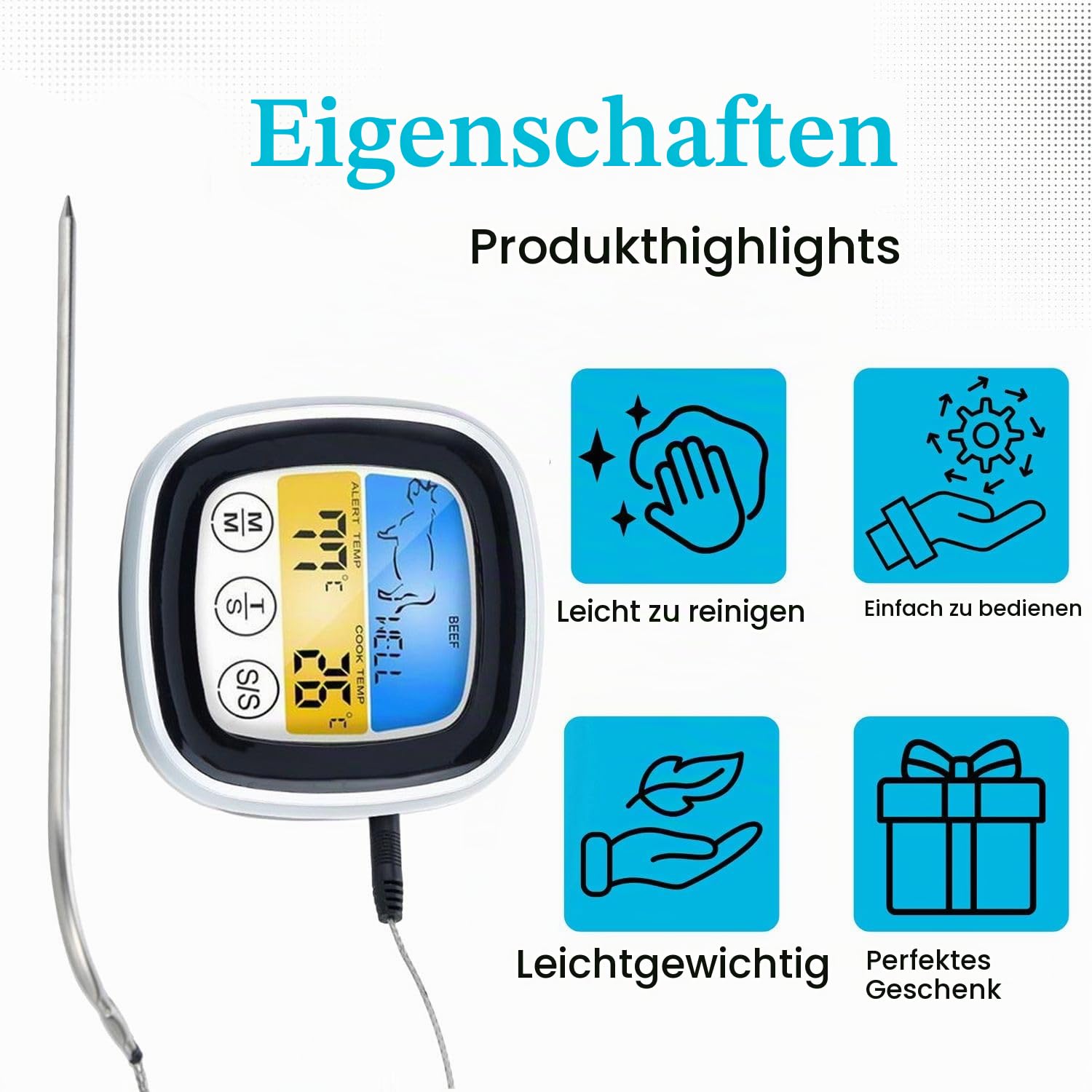 Intirilife Küche Grillthermometer digital Weiß 7x7 cm Timer