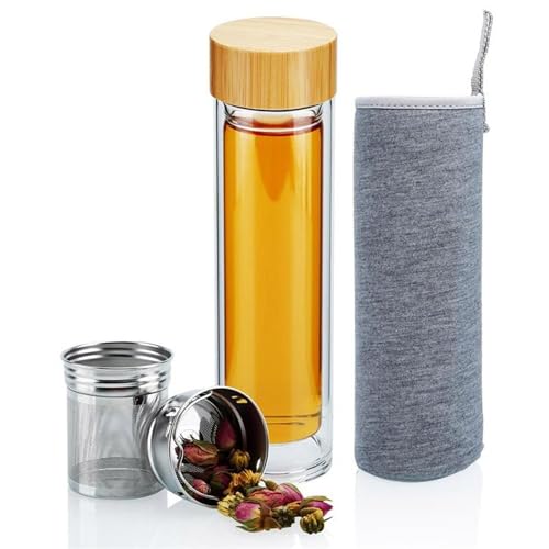 Intirilife Teeflasche Glas 400ml Sieb Bambus doppelwandig
