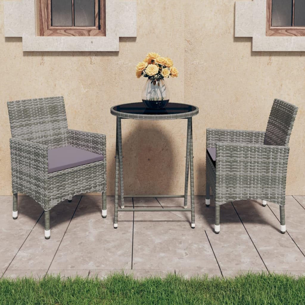 vidaXL Heim & Garten Bistro-Set Rattan grau 3-tlg. Glastisch