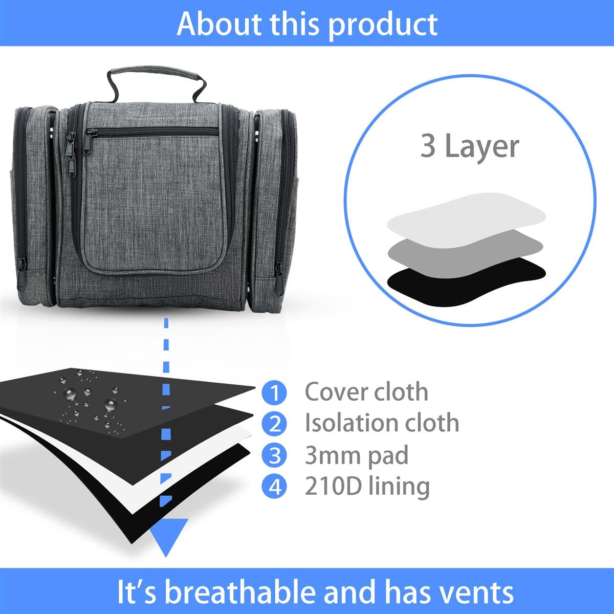 Intirilife Kosmetiktasche Grau 27x13x27,5 cm Polyester aufhängbar