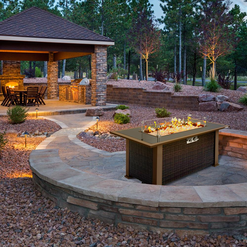 Serenelife Fire Pit Feuertisch Propan 50000 BTU Rattan Glas