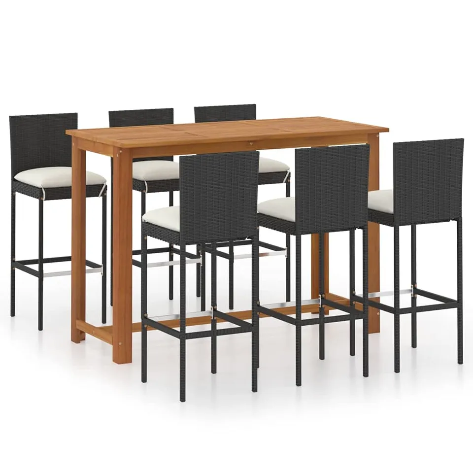 vidaXL Gartenbar Set 7-tlg Schwarz Rattan Akazie mit Kissen