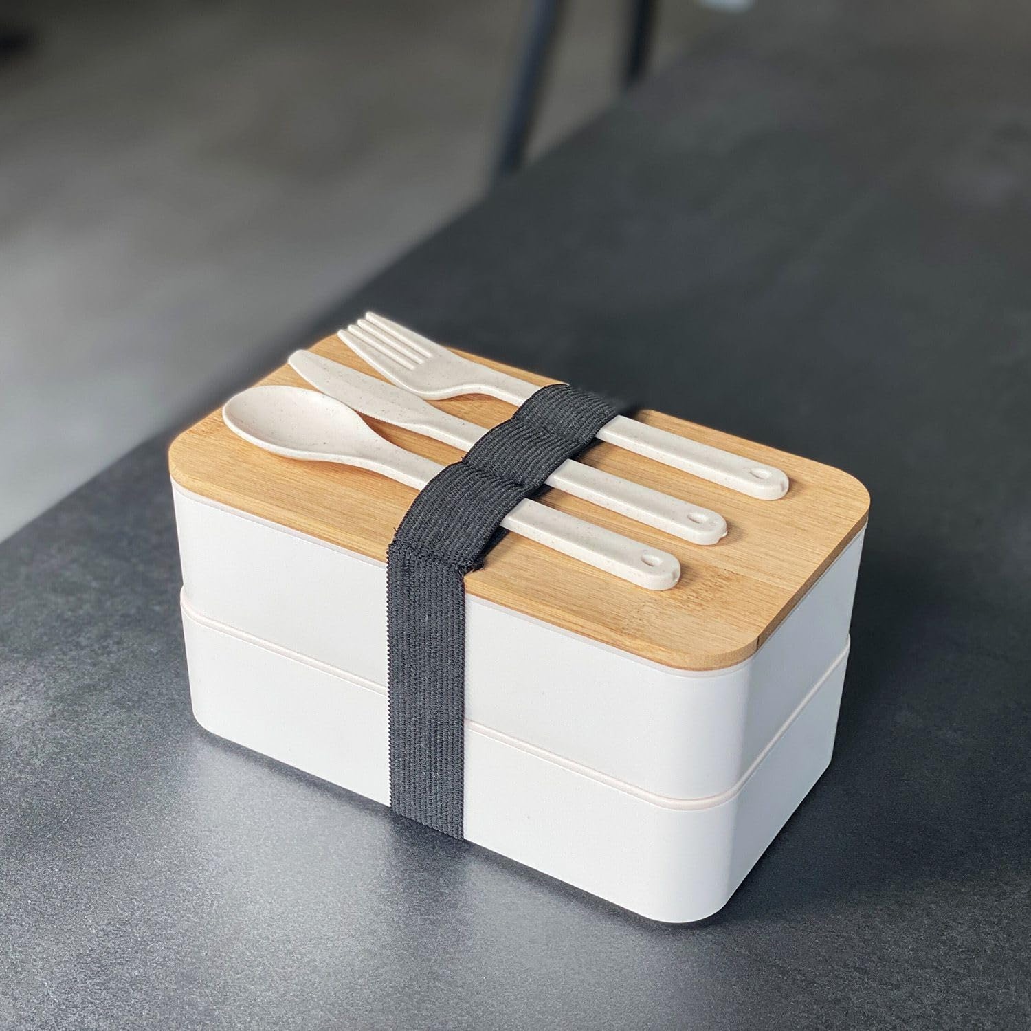 Intirilife Bento Box Lunchbox weiß 2 Ebenen Bambusdeckel Besteck