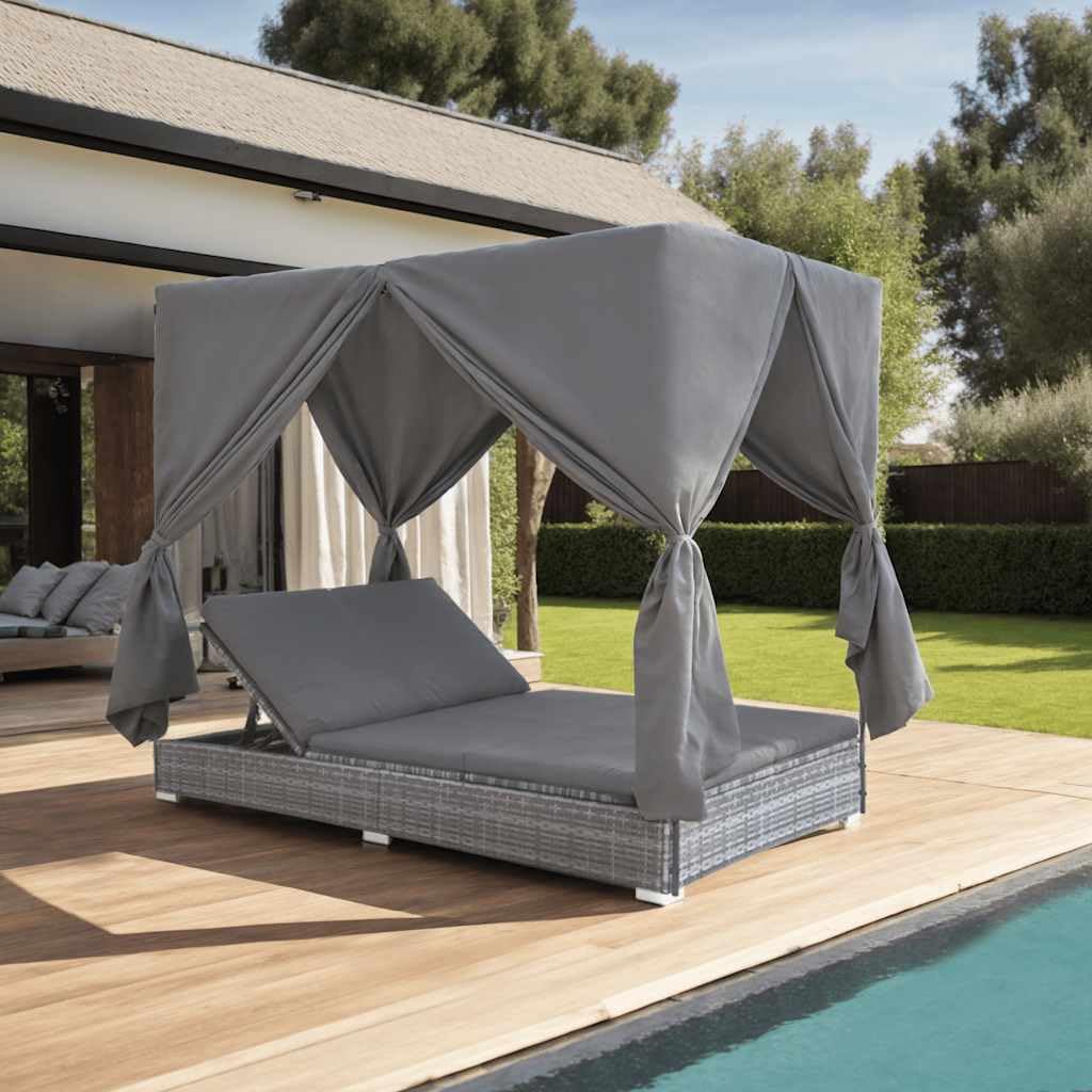 vidaXL Outdoor-Lounge-Bett Poly Rattan Grau Vorhänge verstellbar