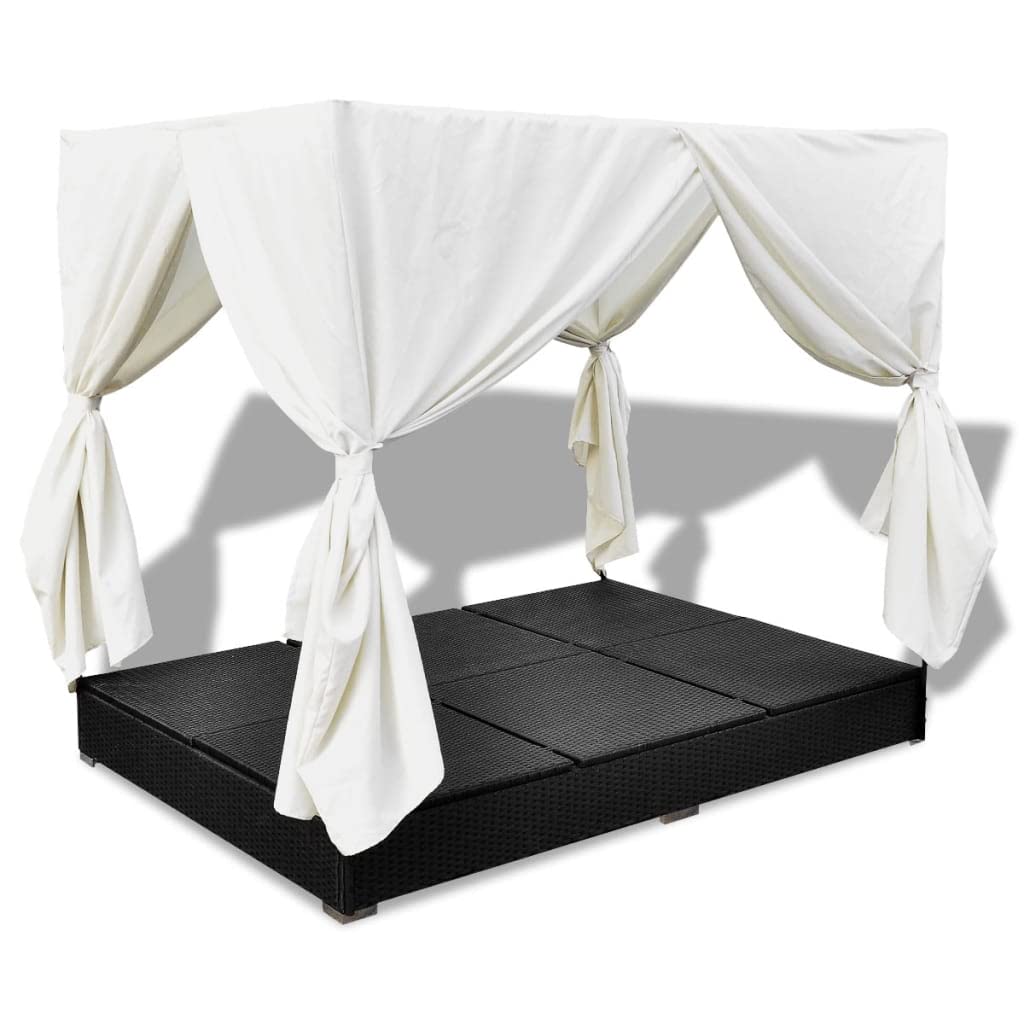 vidaXL Outdoor-Loungebett Poly Rattan Schwarz mit Vorhang
