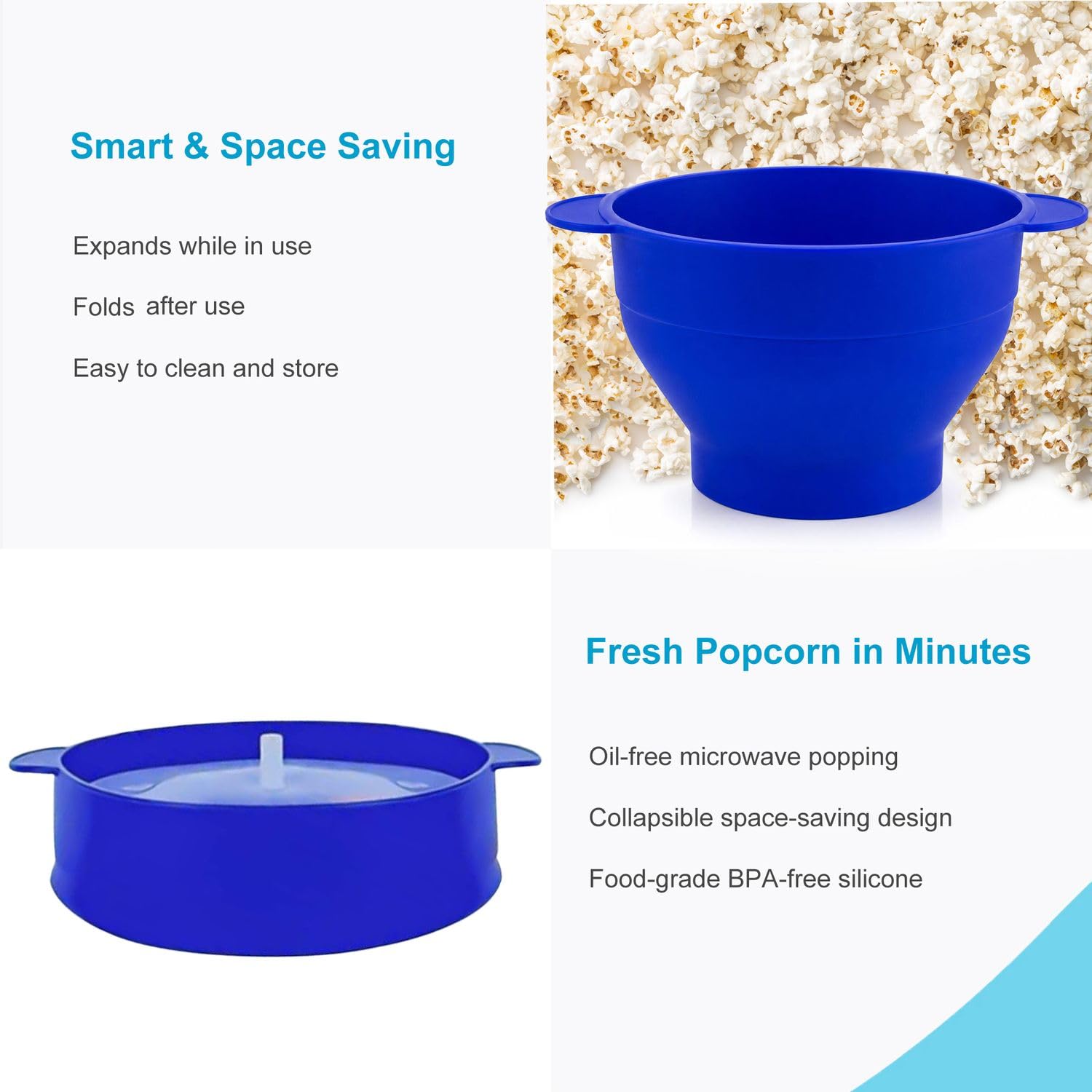 Intirilife Popcorn Maker Silikon Schüssel Blau faltbar ohne Öl