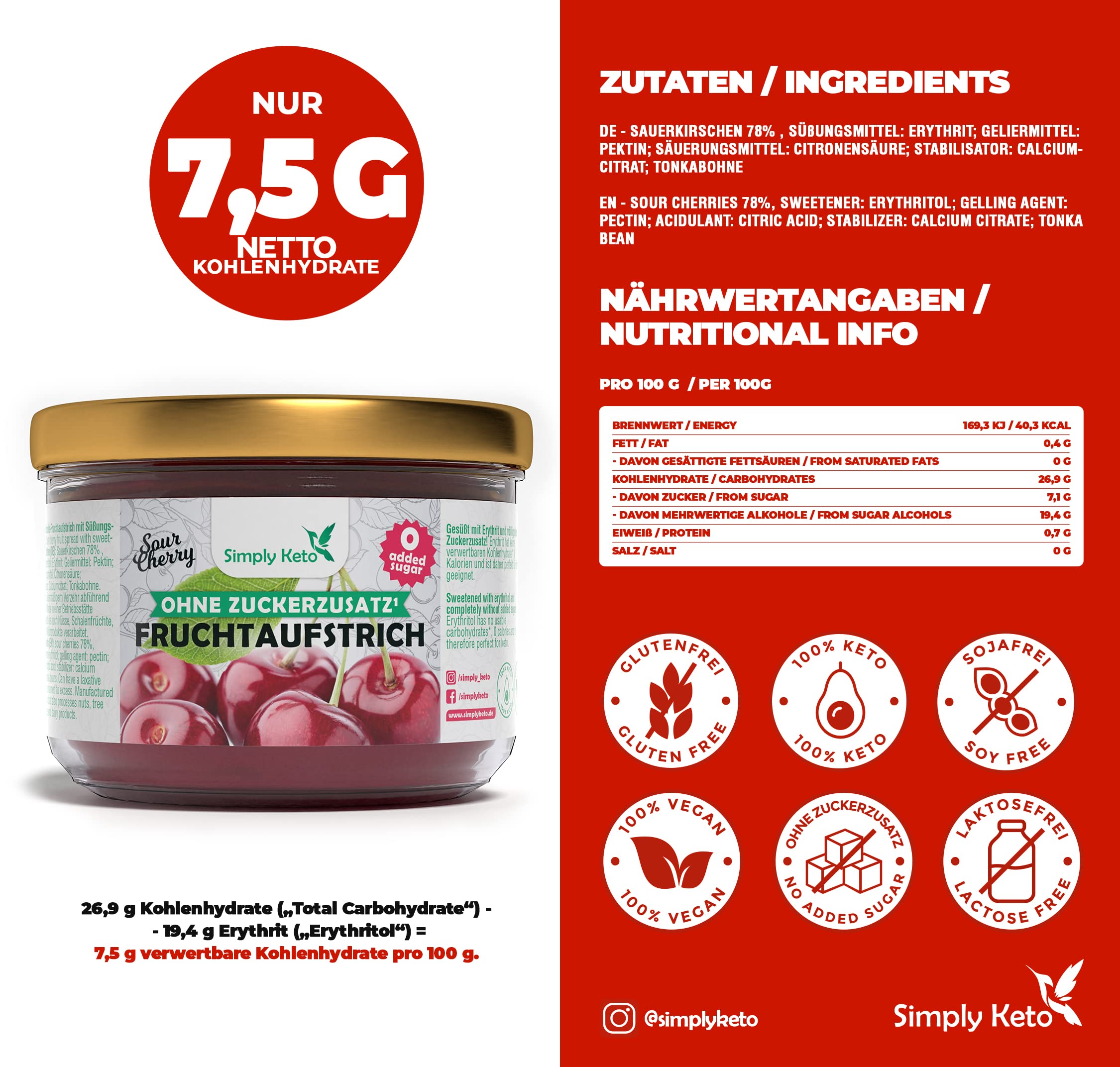 Keto Frühstück Fruchtaufstrich Sauerkirsche 230 g zuckerfrei