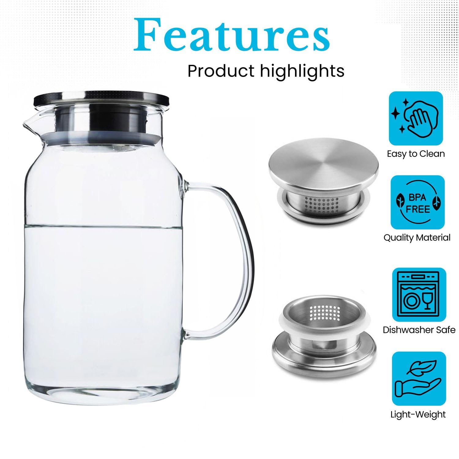 Intirilife Karaffe mit Filter 1,8l Glas klar