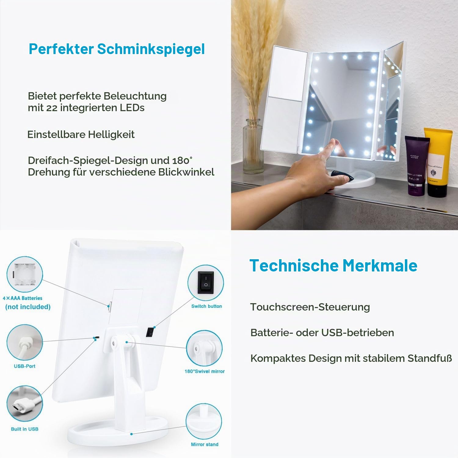 Intirilife Schminkspiegel LED Weiß 1X/2X/3X Klappbar USB