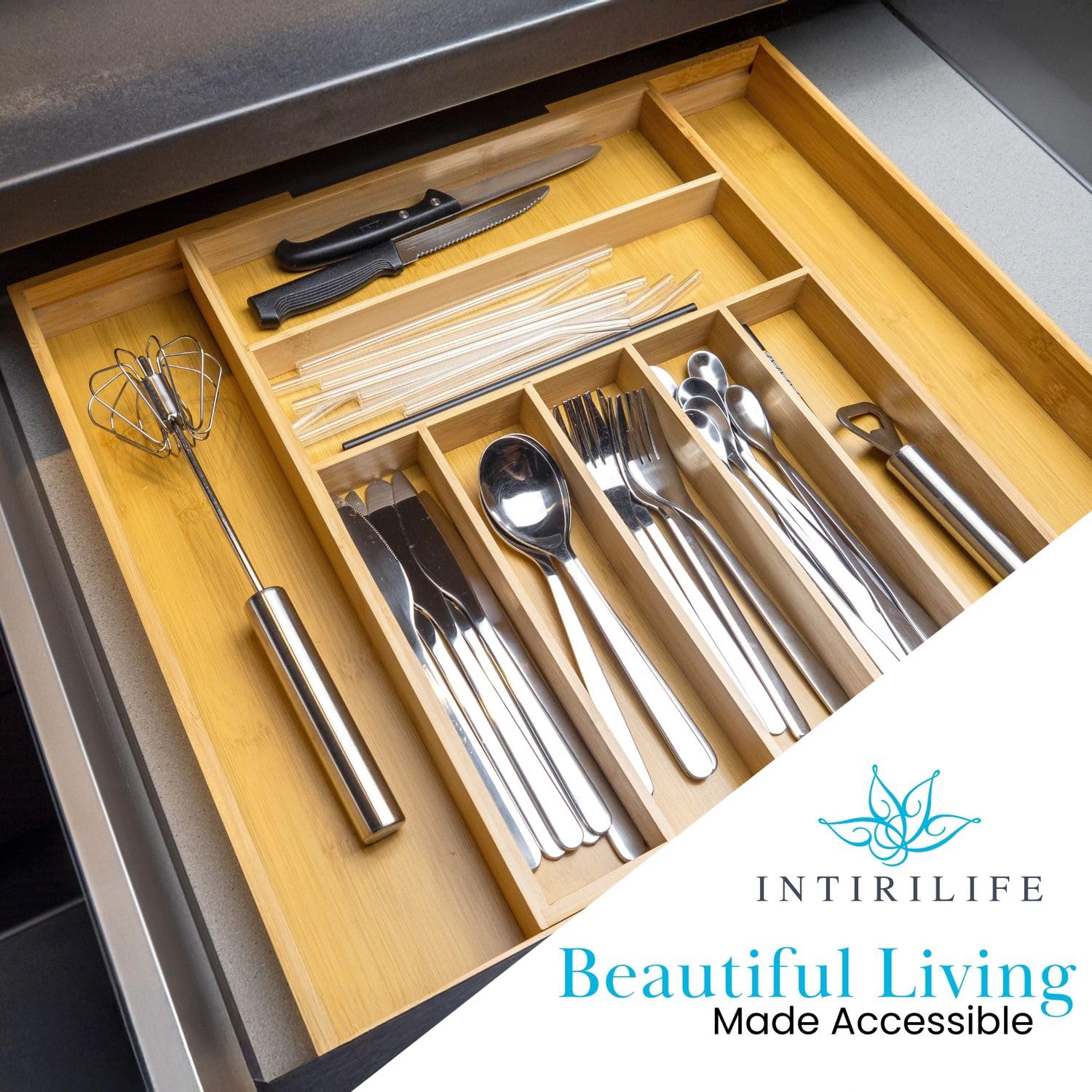 Intirilife Besteckkasten Bambus Ausziehbar 33-50 cm