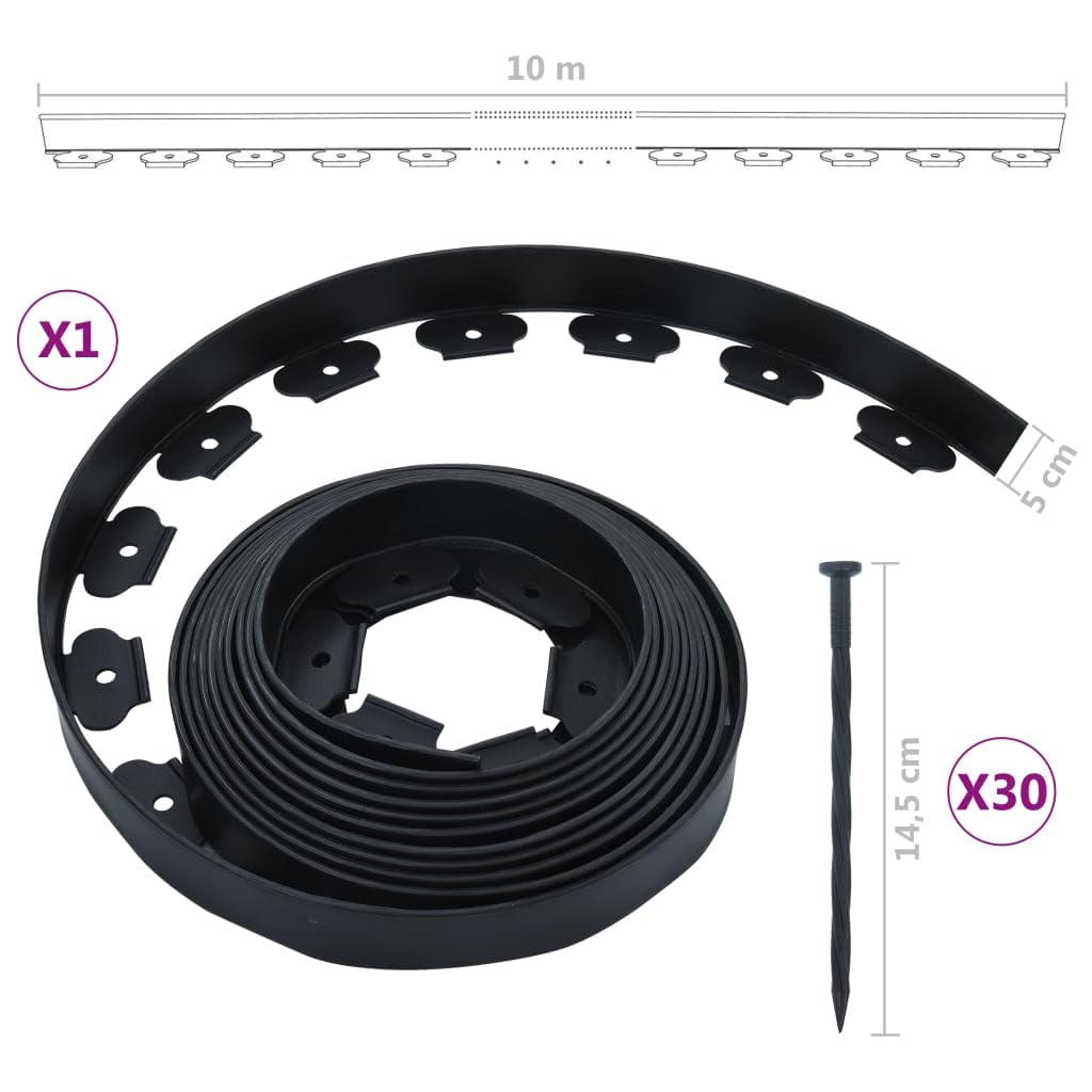 vidaXL Heim & Garten Rasenkante PE Schwarz 10 m 5 cm Nägel