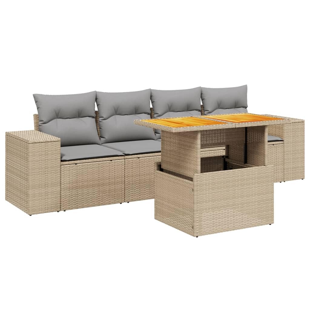 vidaXL Garten-Sofagarnitur 5-tlg Beige Poly Rattan mit Tisch