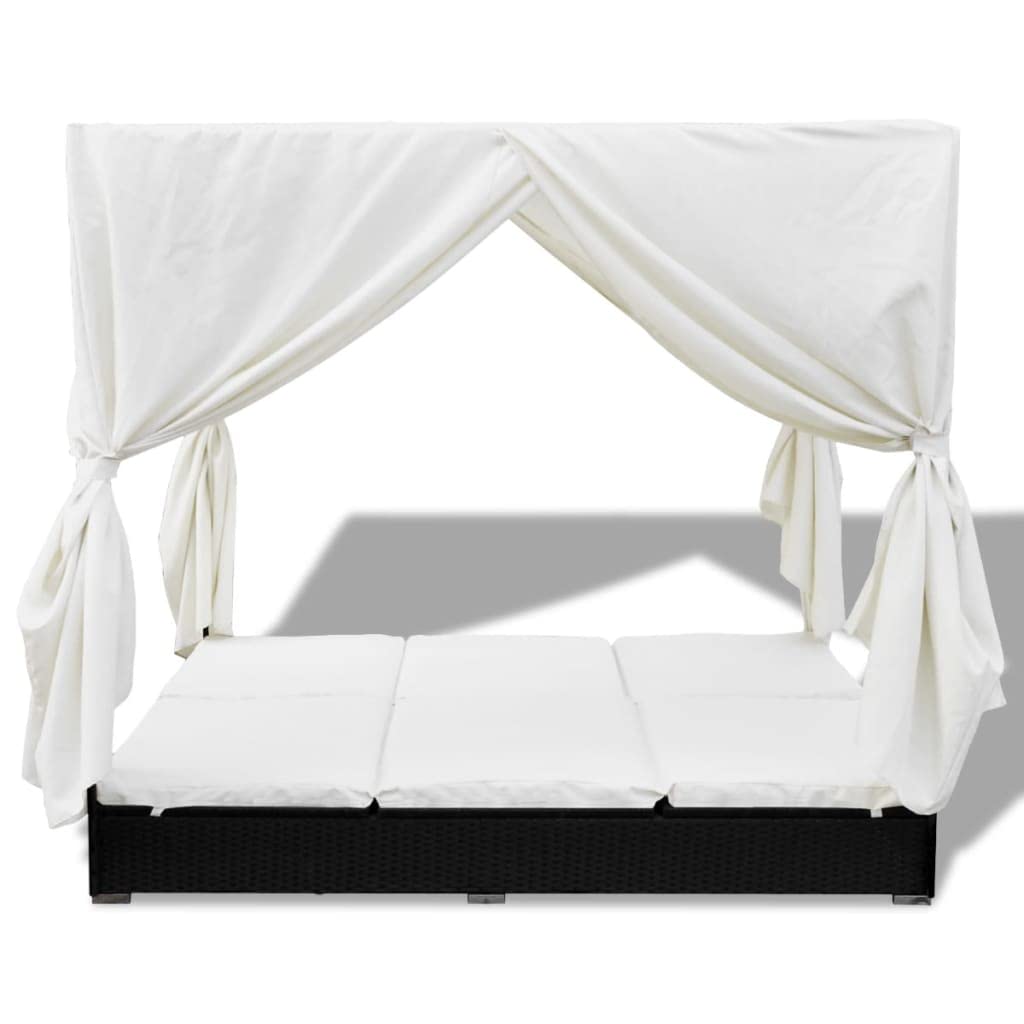 vidaXL Outdoor-Loungebett Poly Rattan Schwarz mit Vorhang