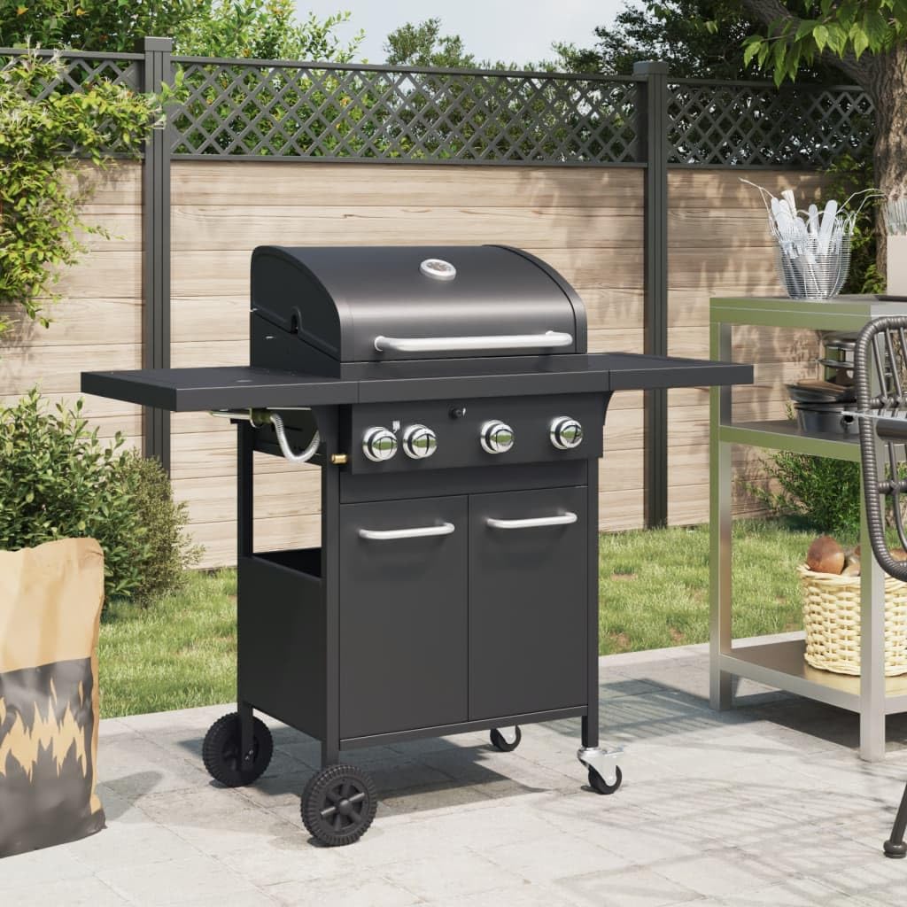 vidaXL Gasgrill 4 Flammen Schwarz Stahl mit Grillwagen