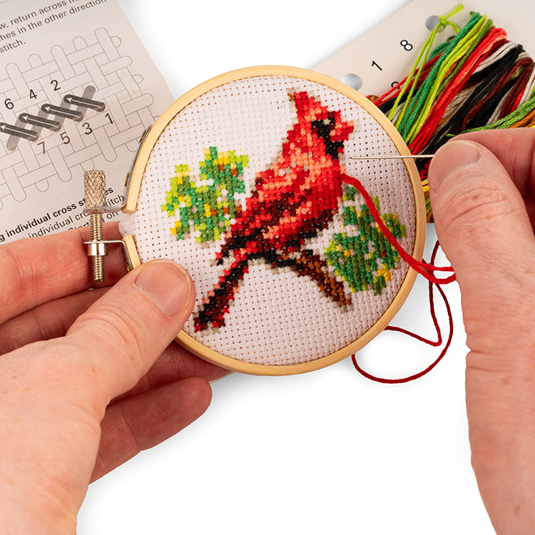 Kikkerland Crafters Cardinal Stickset Kreuzstich Mini mit Rahmen