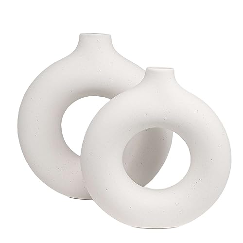 Intirilife Vasen Set 2-teilig Weiß Keramik rund Donut 23 cm