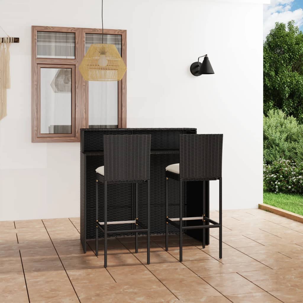 vidaXL Heim & Garten 3-tlg. Gartenbar-Set Rattan Schwarz mit Kissen