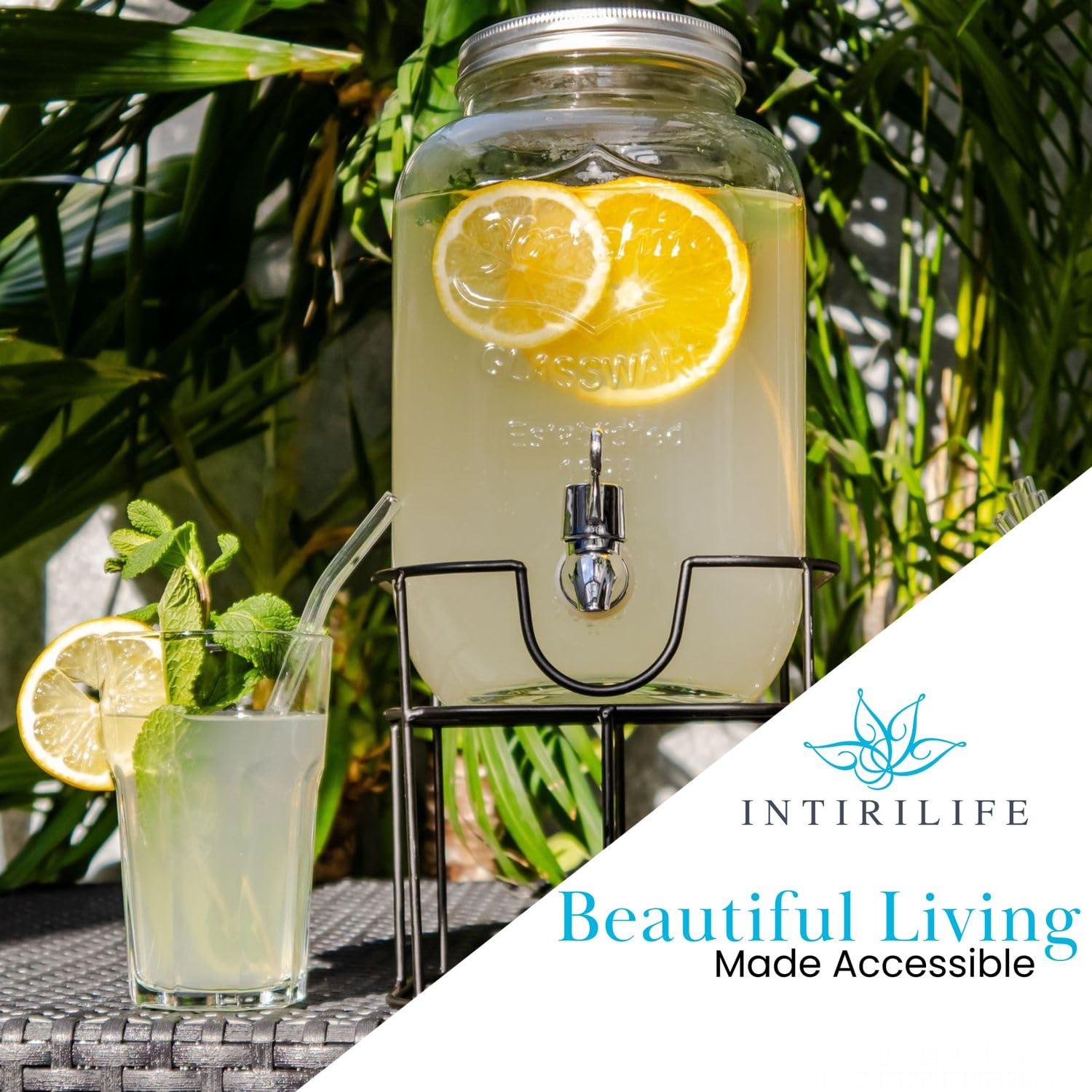 Intirilife Getränkespender 5L Glas mit Gestell Zapfhahn
