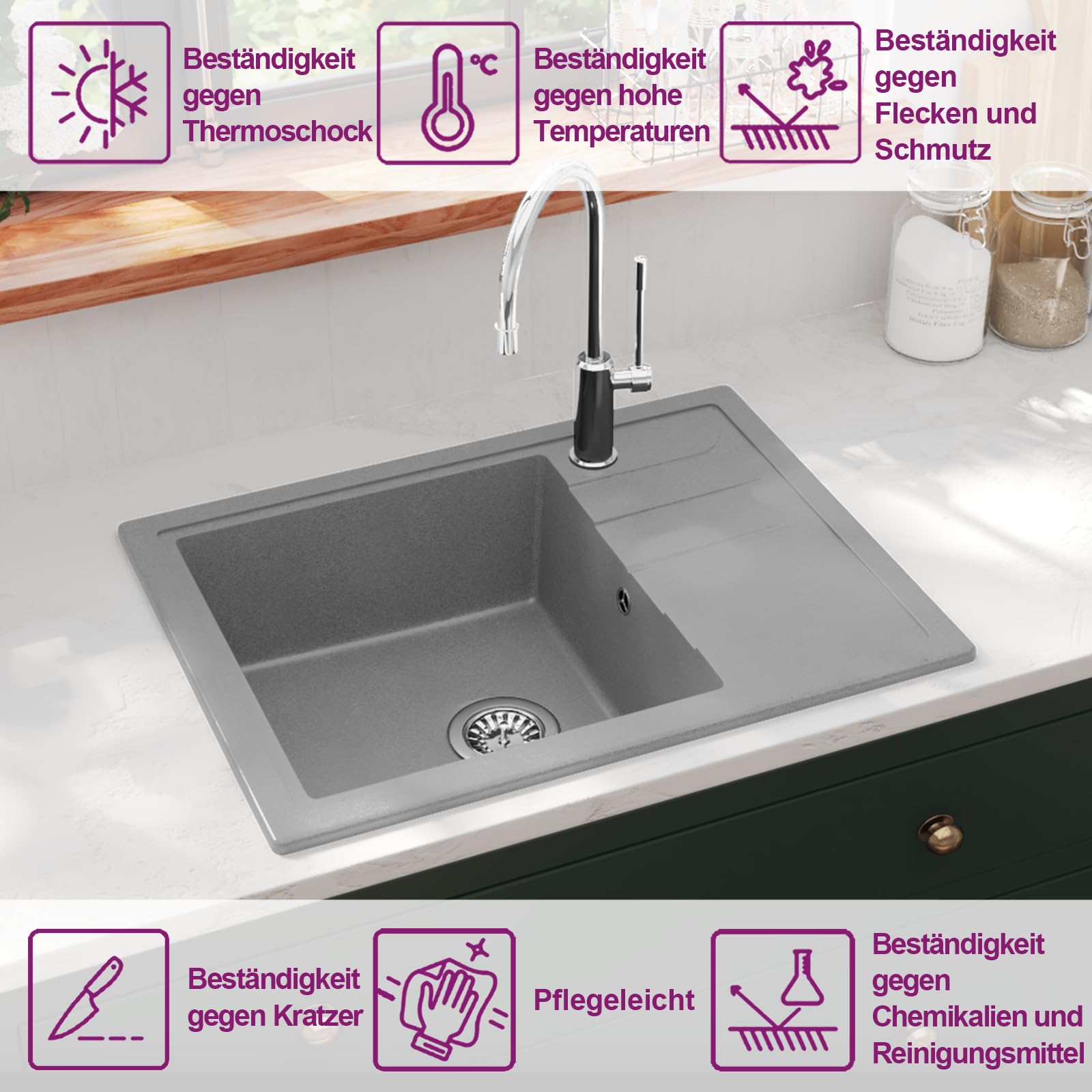 vidaXL Küchenspüle Granit Grau Oval 580x440 Spülbecken