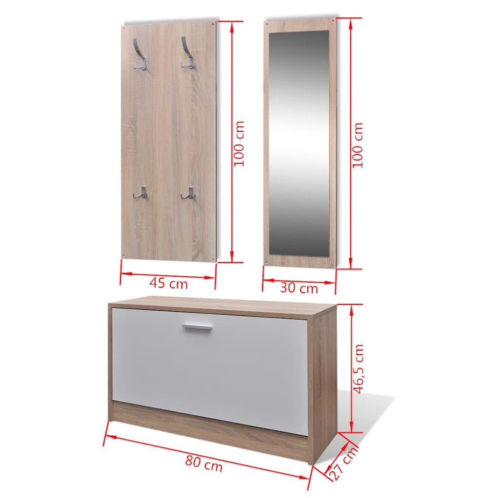 vidaXL Möbel Garderobenset 3-in-1 Eiche Schuhschrank Spiegel