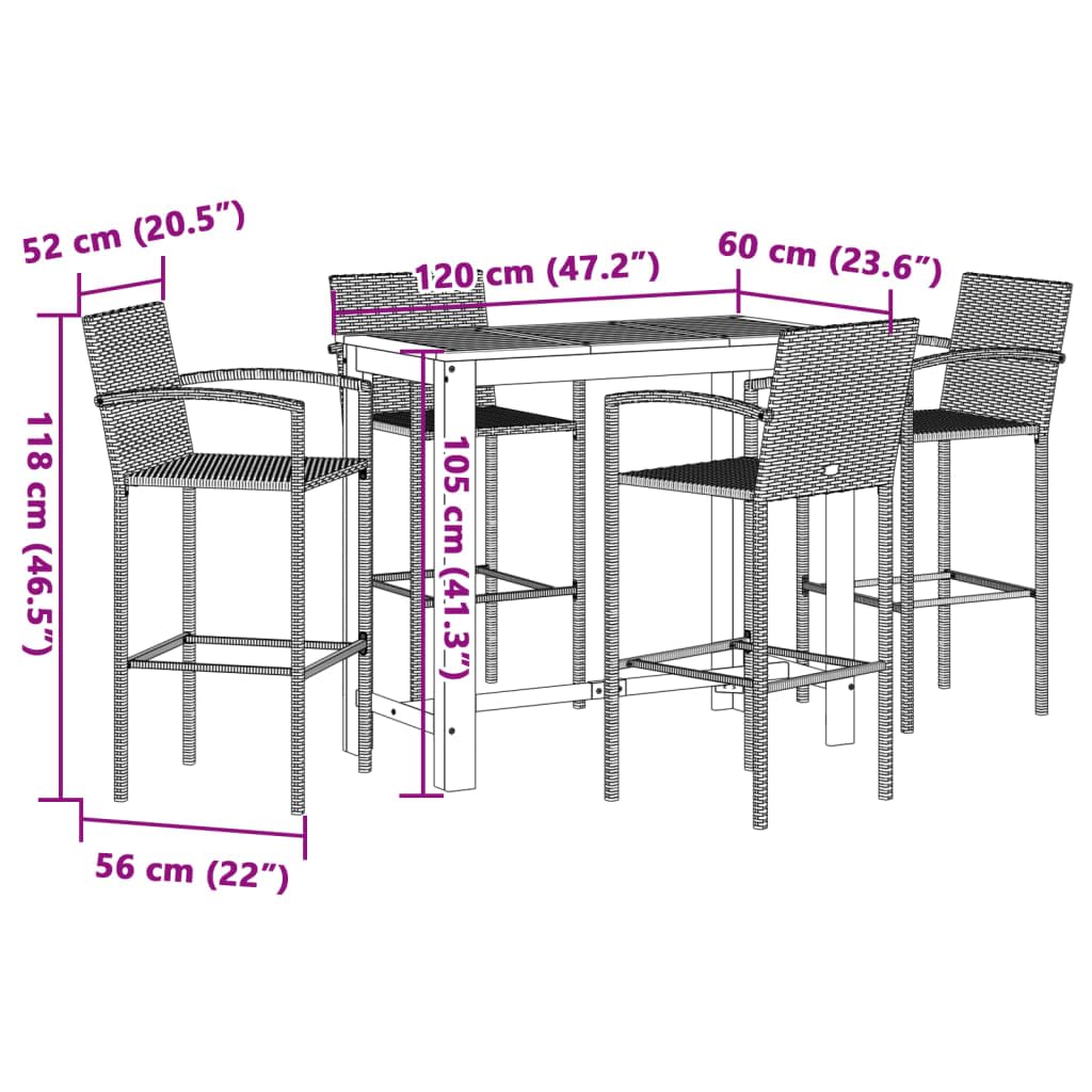 vidaXL Gartenbar-Set 5-TLG. Braun Akazie Poly Rattan 4 Hocker