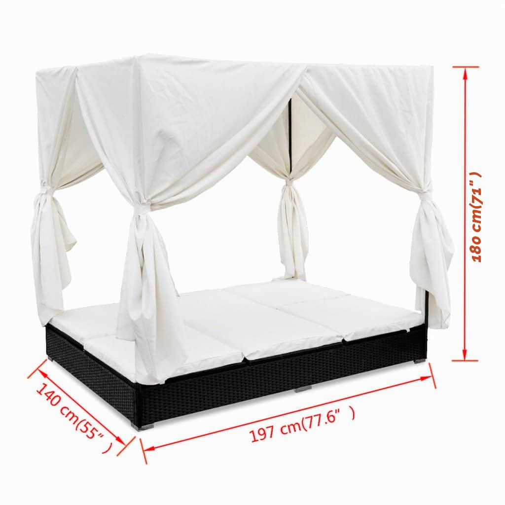 vidaXL Outdoor-Loungebett Poly Rattan Schwarz mit Vorhang