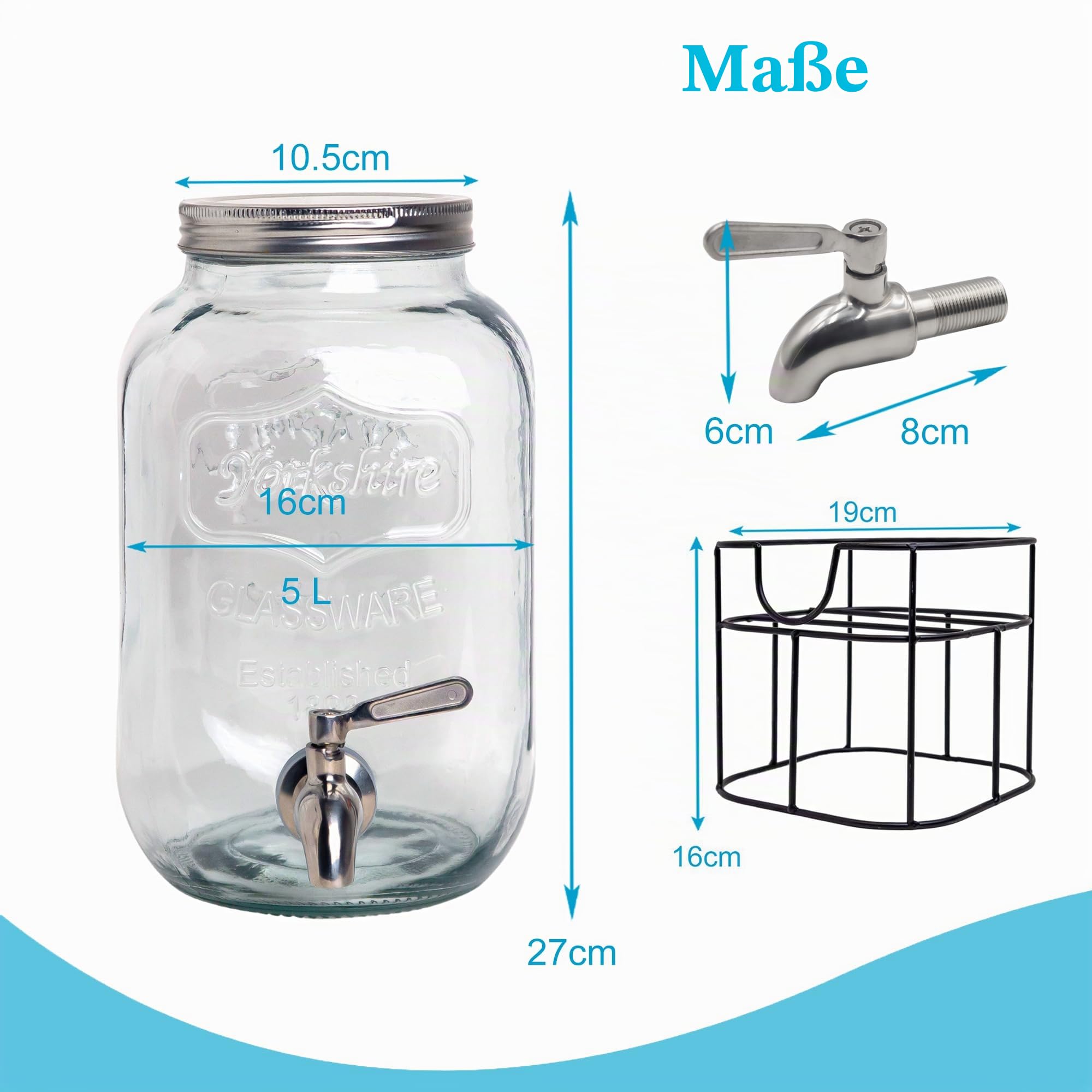 Intirilife Getränkespender 5L Glas mit Gestell Zapfhahn