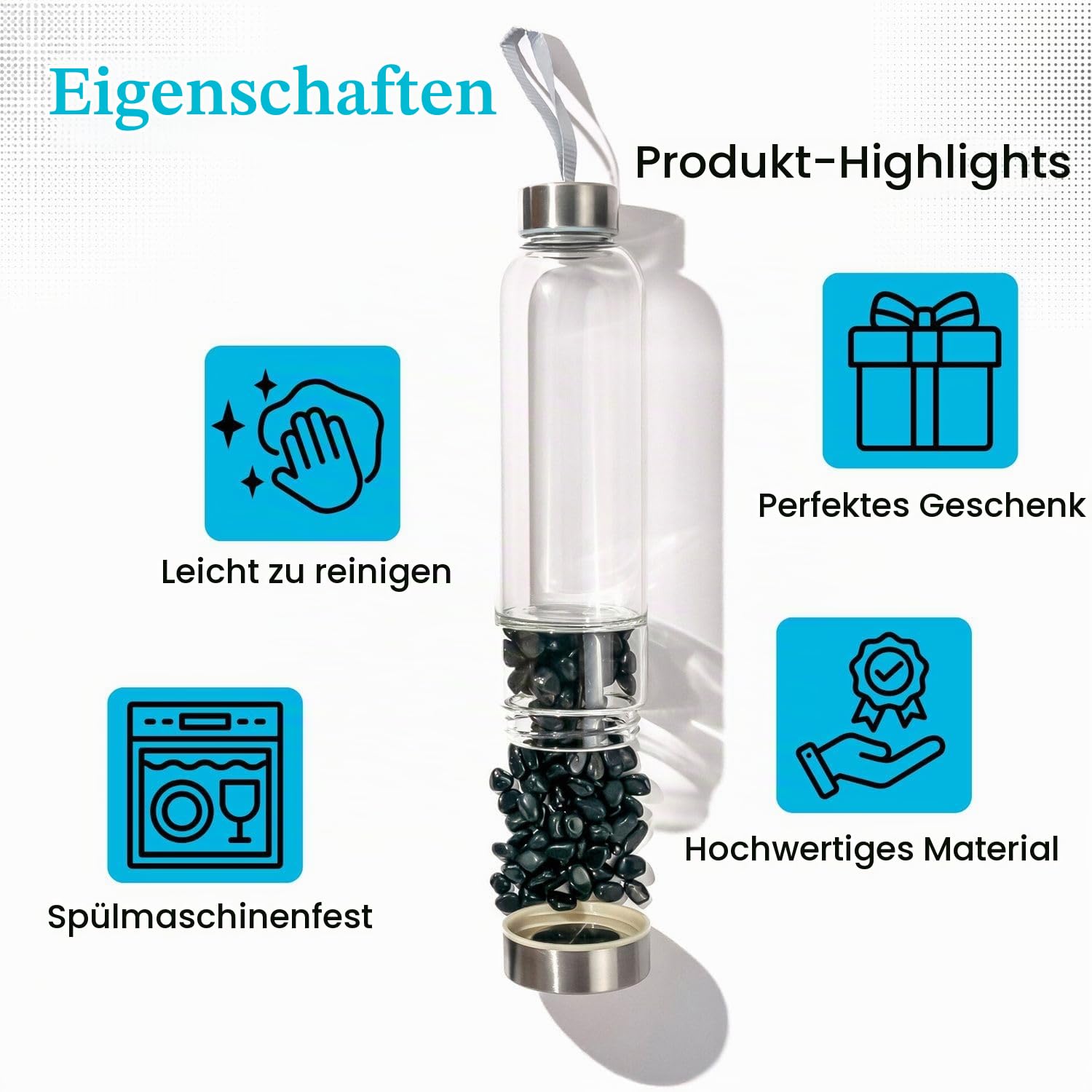 Intirilife Trinkflasche Glas Obsidian 400 ml mit Tasche