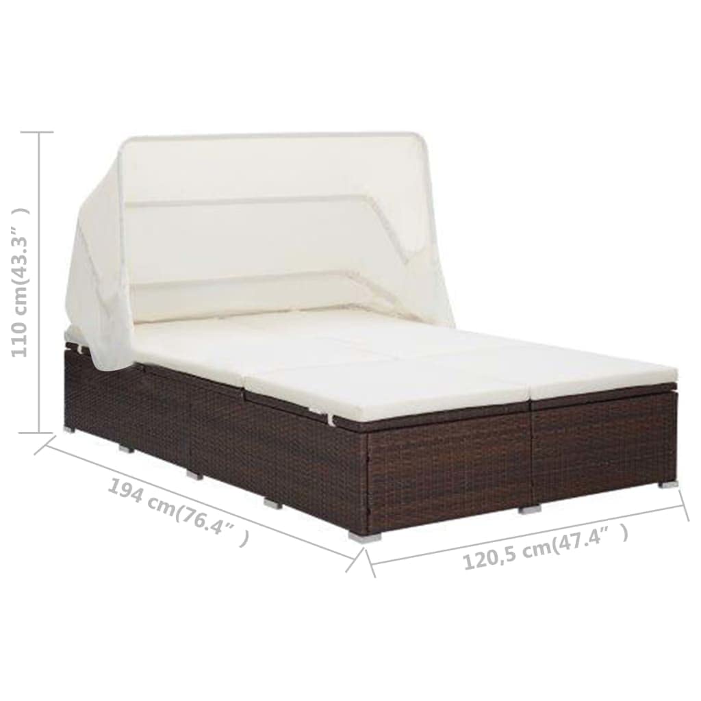 vidaXL Sonnenliege 2-Personen Poly Rattan Braun mit Dach