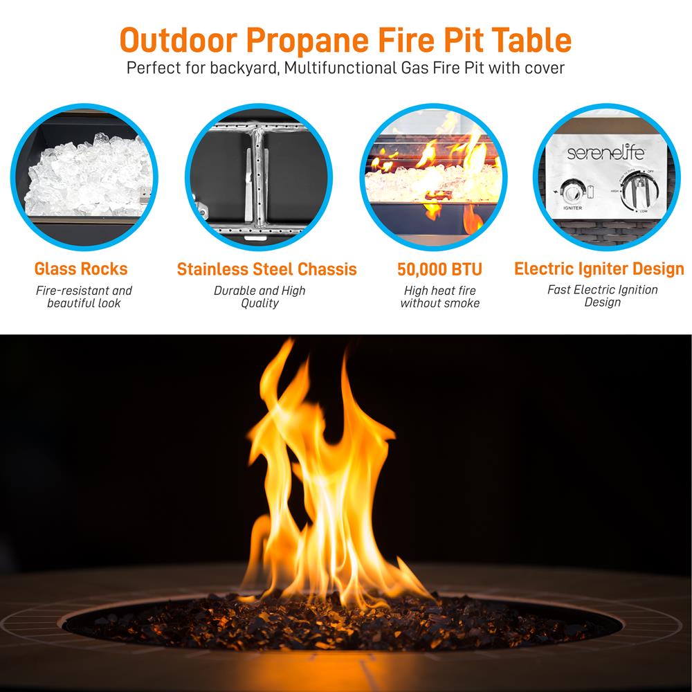 Serenelife Fire Pit Feuertisch Propan 50000 BTU Rattan Glas