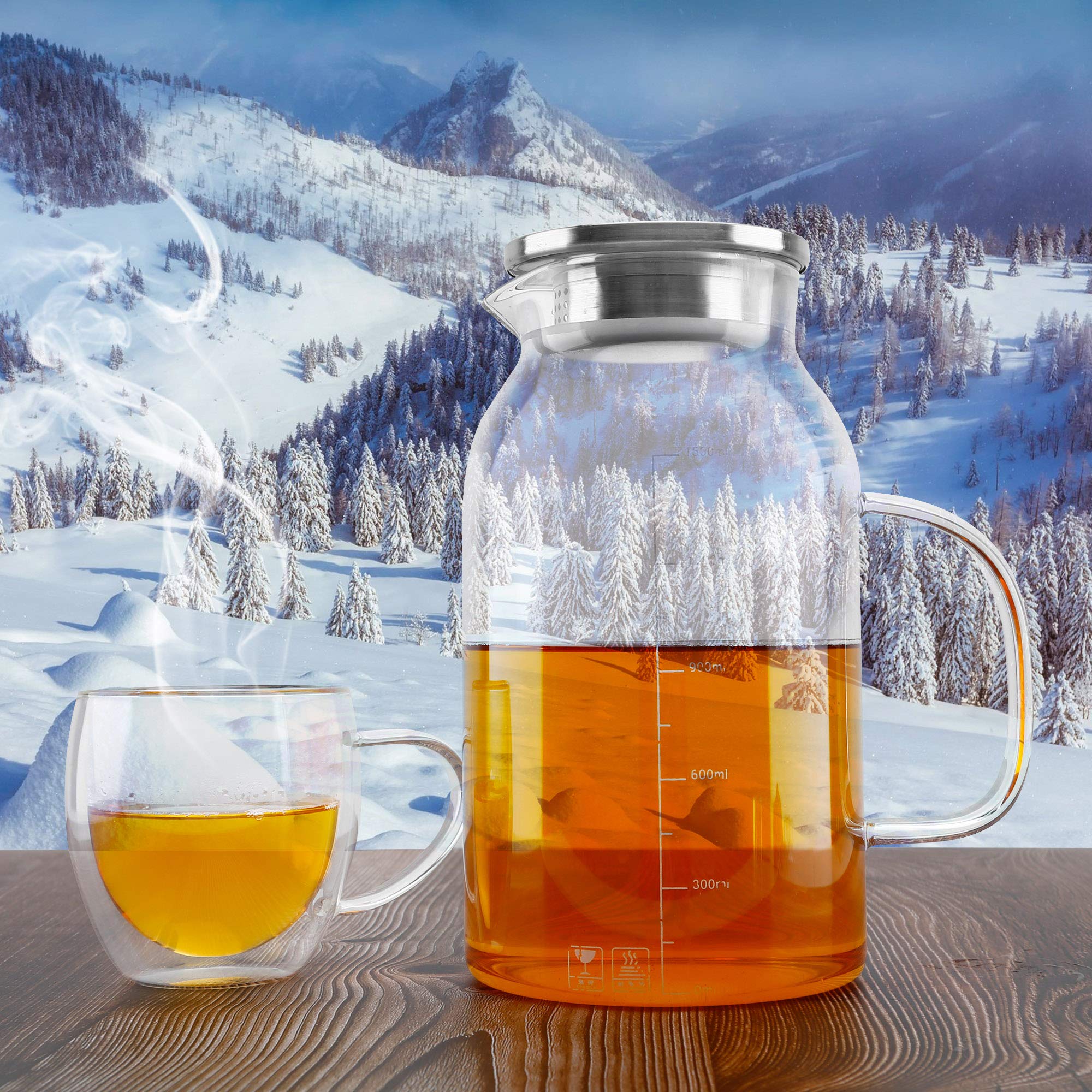 Intirilife Karaffe mit Filter 1,5 L Borosilikatglas Glaskrug