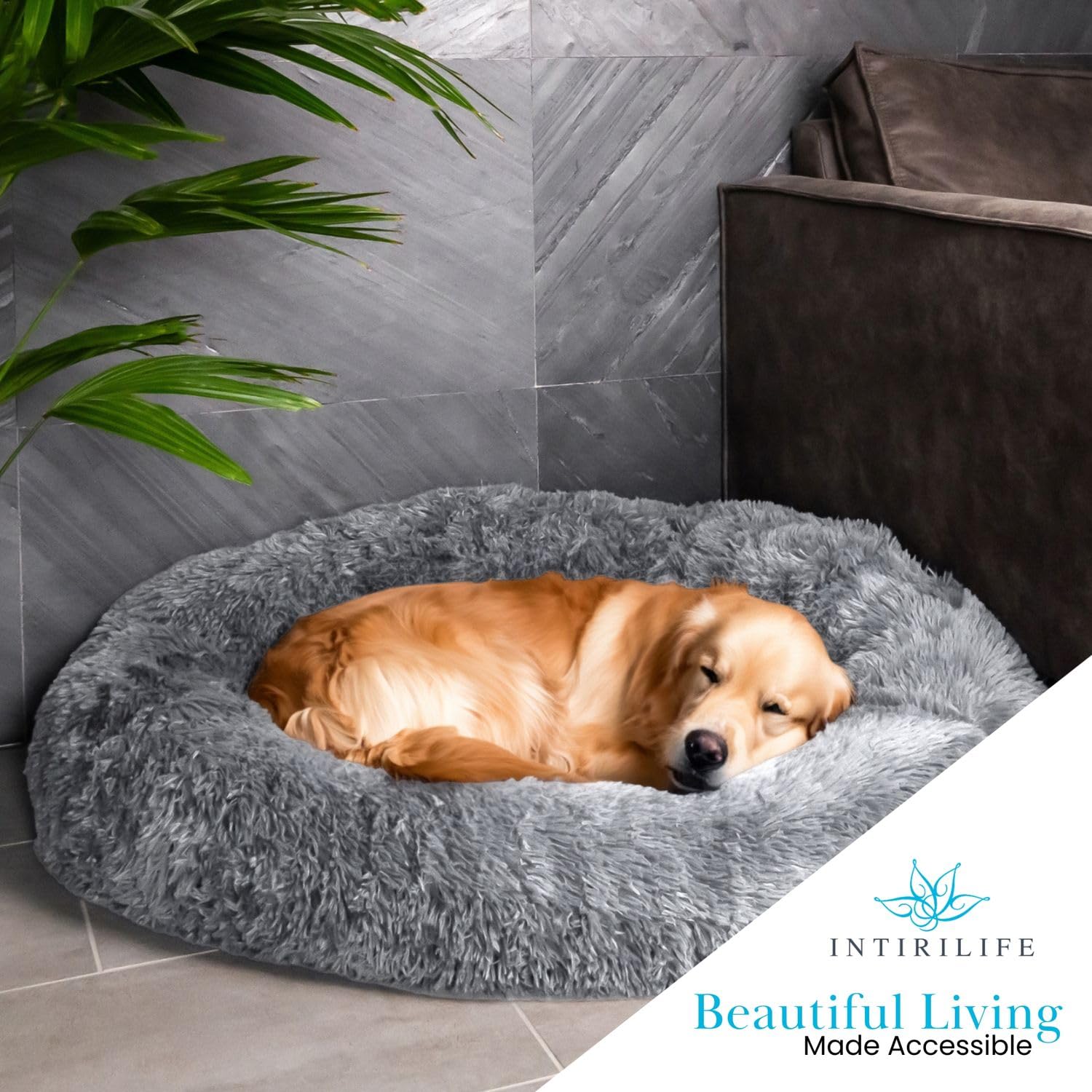 Intirilife Haustierbett rund Hell Grau Plüsch 100 cm Hundebett
