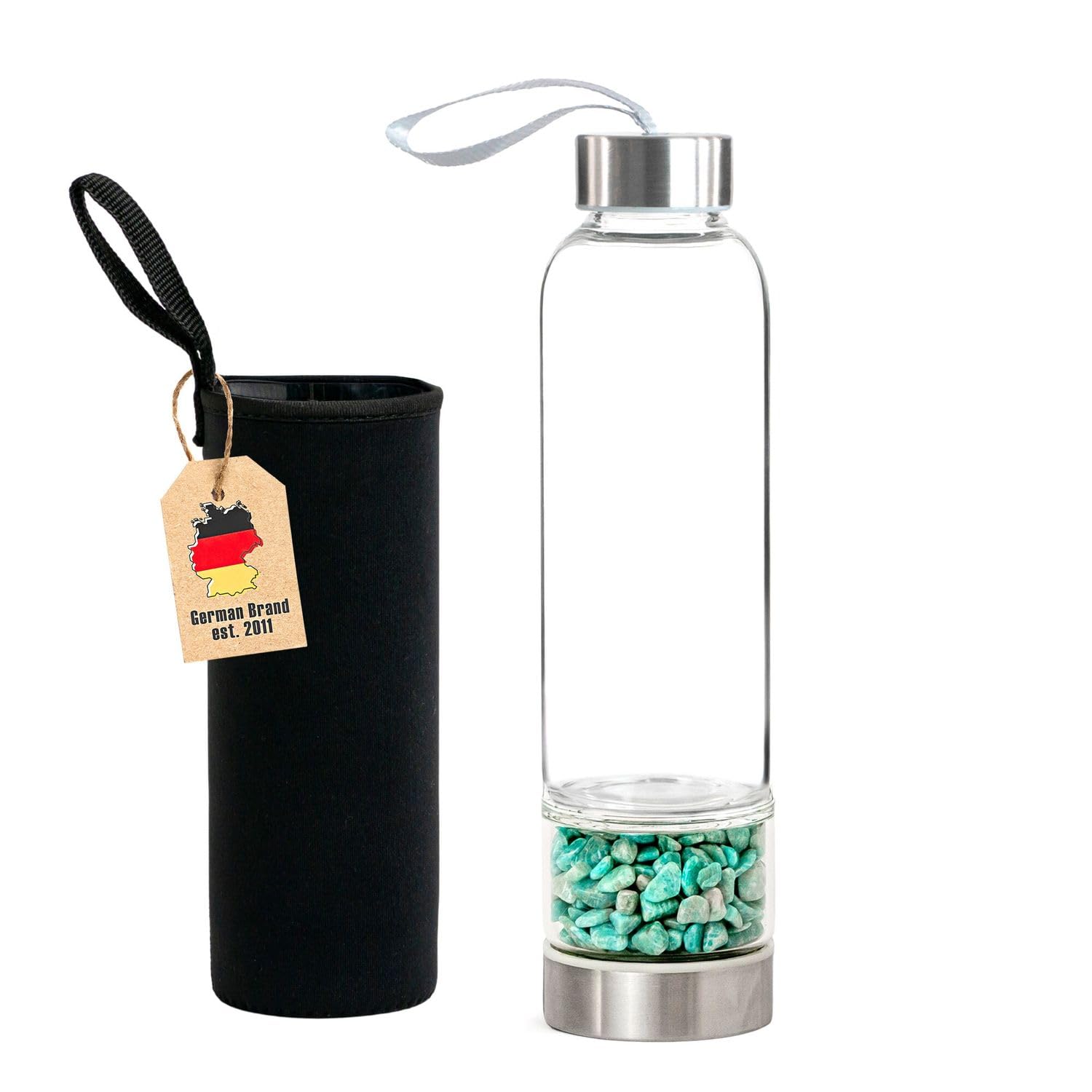 Intirilife Trinkflasche Glas Obsidian 400 ml mit Tasche