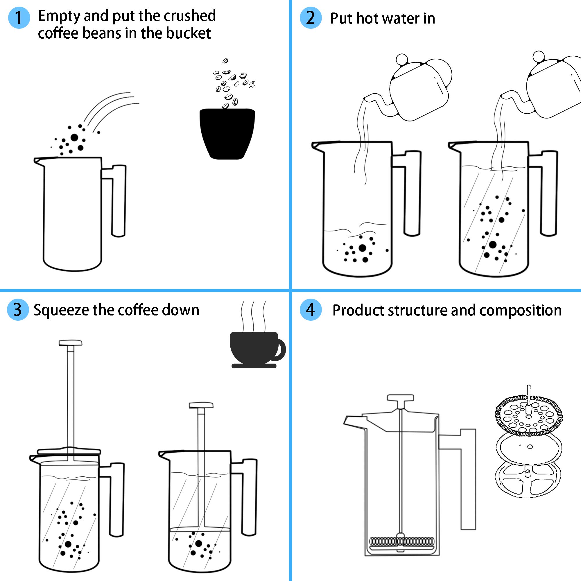 Intirilife French Press Kaffeekanne 1 Liter Edelstahl Silber