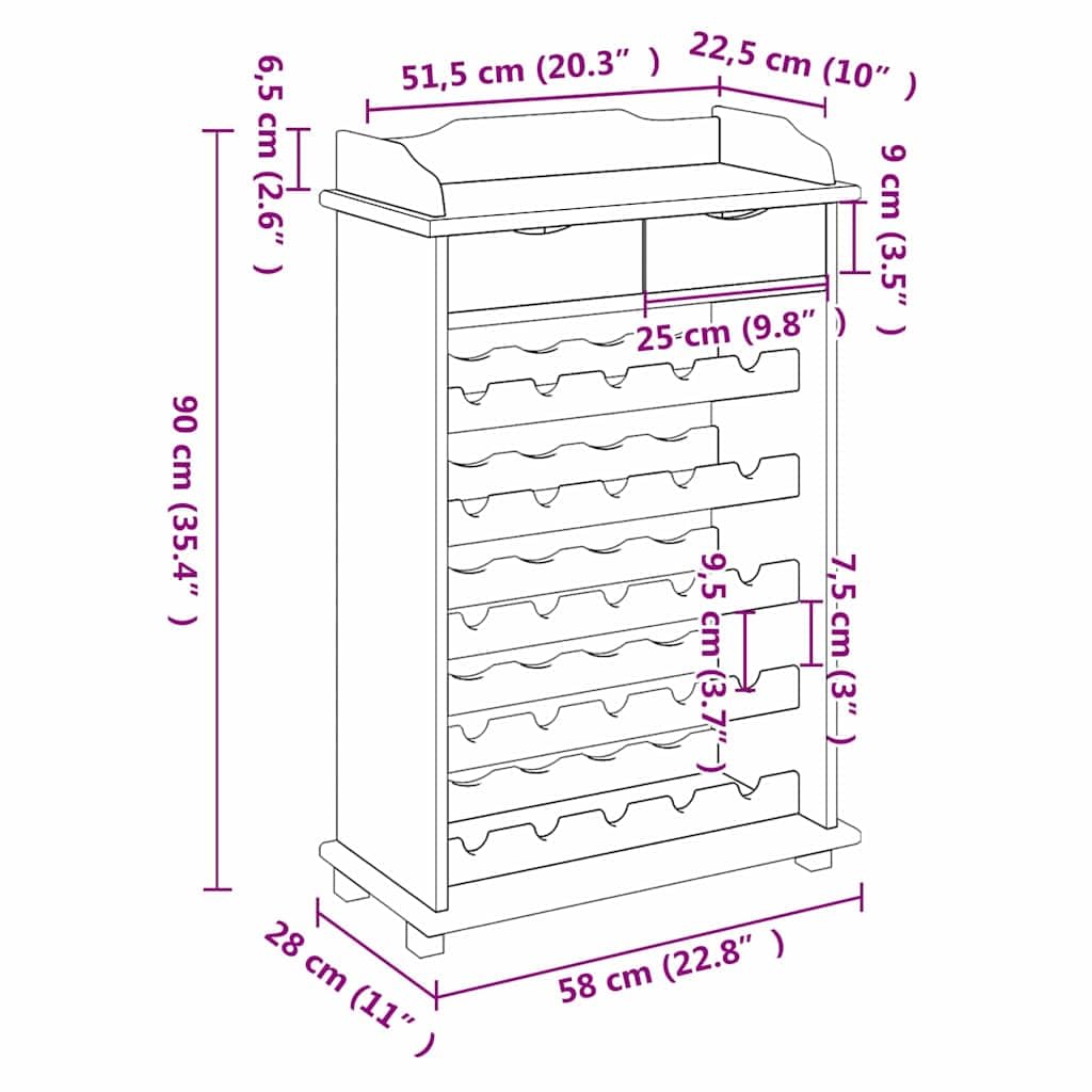 vidaXL Möbel Weinregal Braun Massiv Kiefernholz 58x28x90 cm