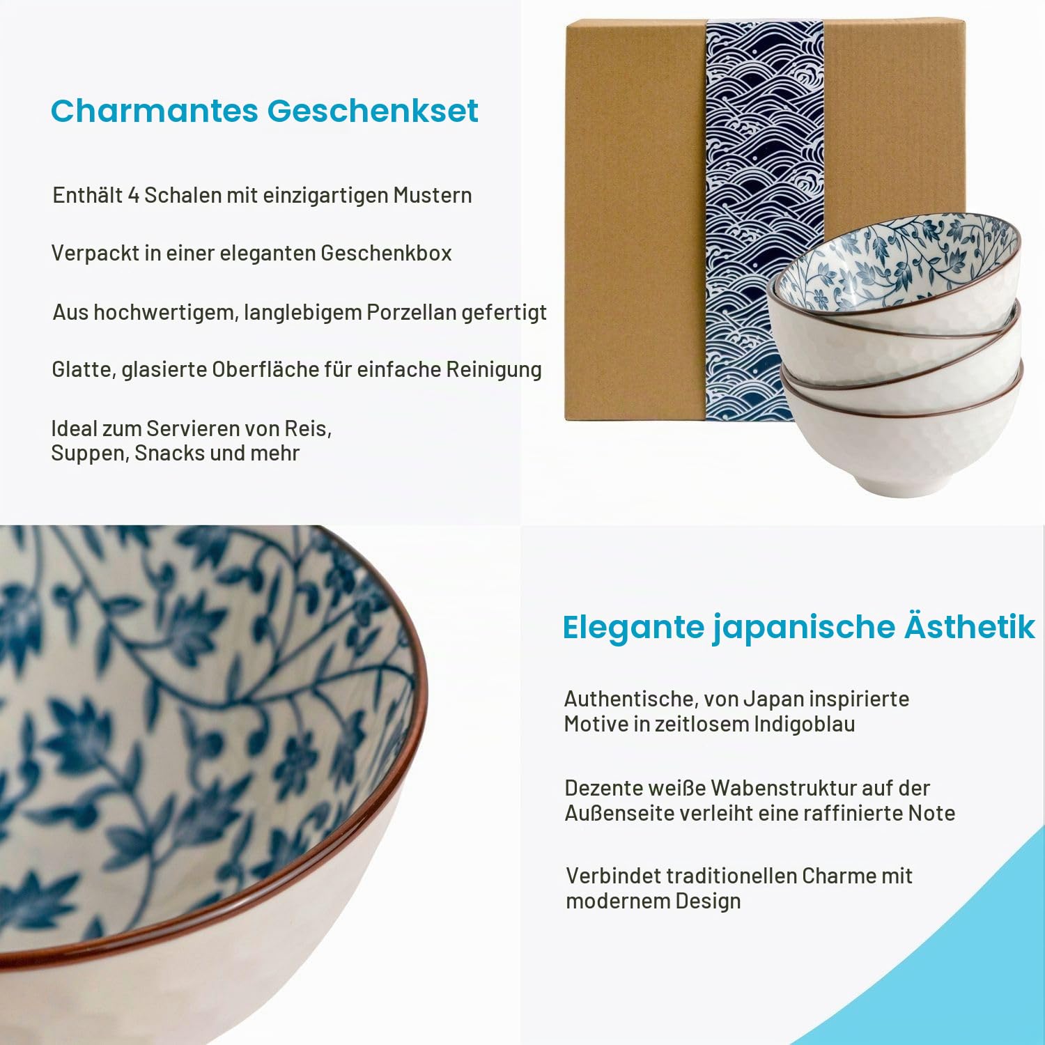 Intirilife Japan Schalen Set Porzellan Blau Weiß 4-teilig