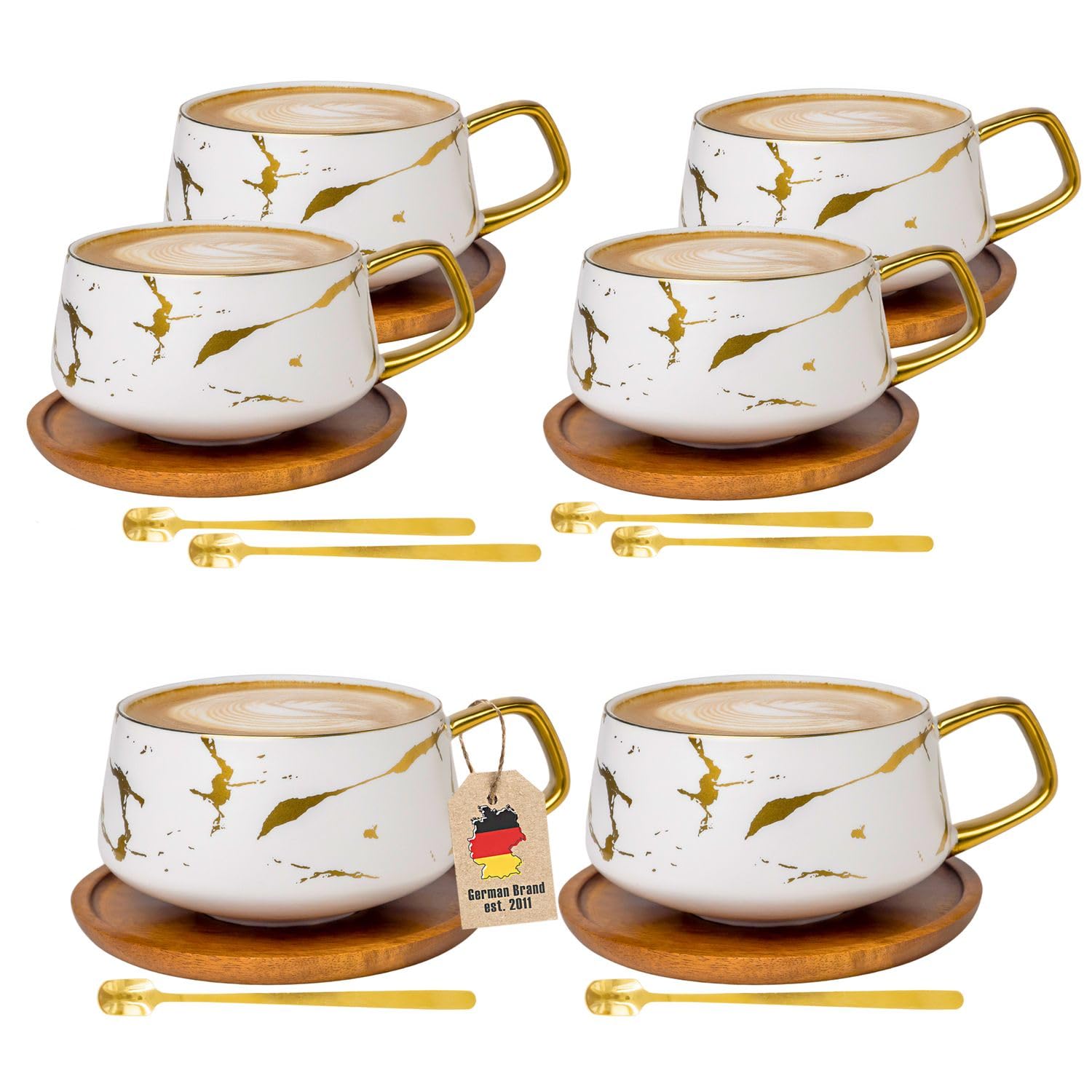 Intirilife Tasse Keramik Weiß Gold Marmor 300 ml mit Holzuntersetzer