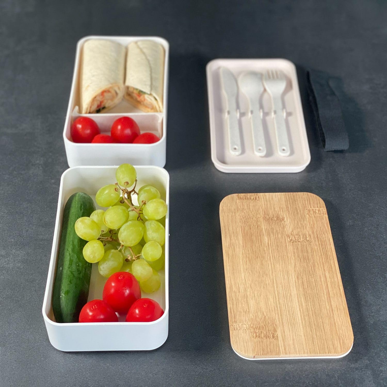 Intirilife Bento Box Lunchbox weiß 2 Ebenen Bambusdeckel Besteck