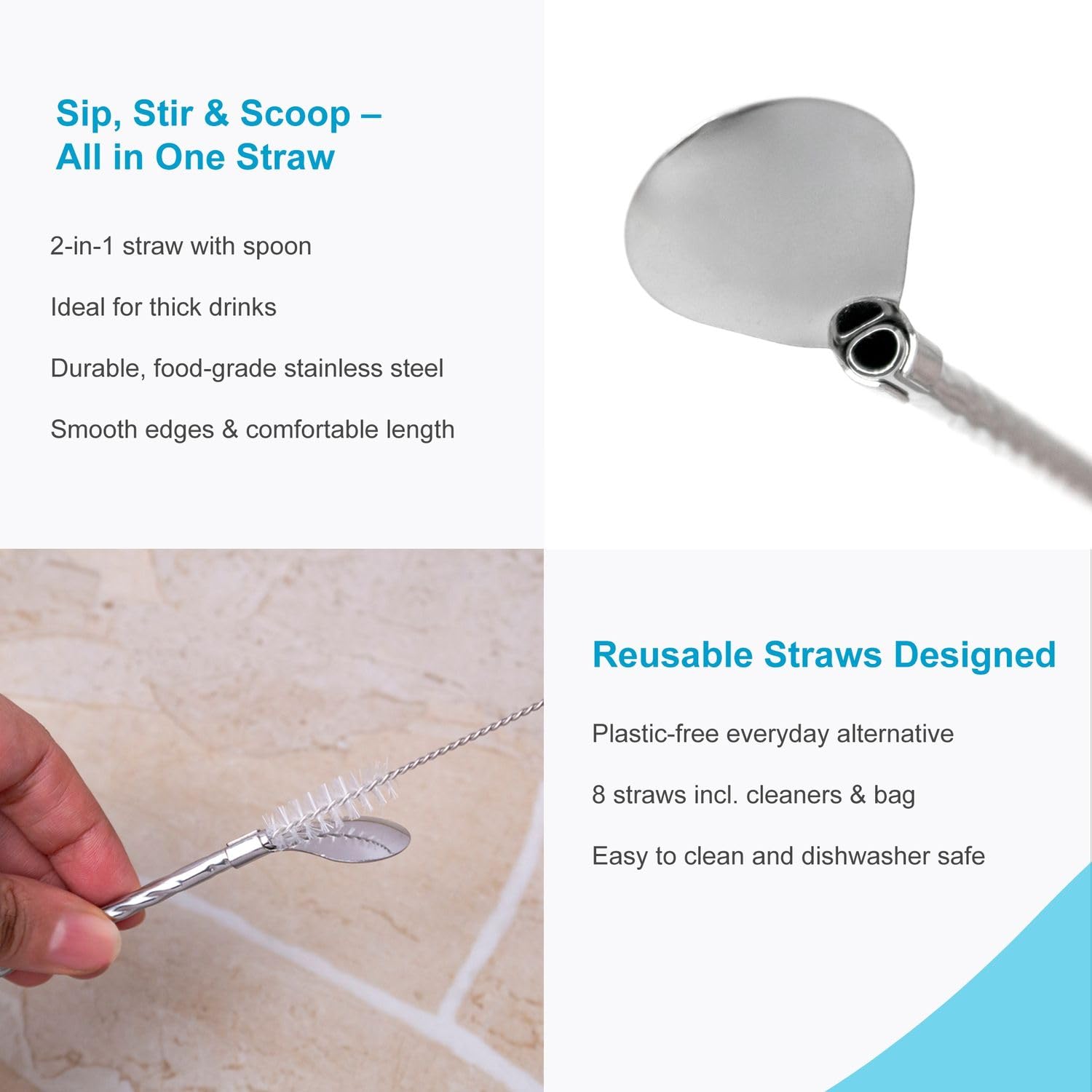 Intirilife Strohhalmlöffel Edelstahl Silber 22cm 8er mit Bürste