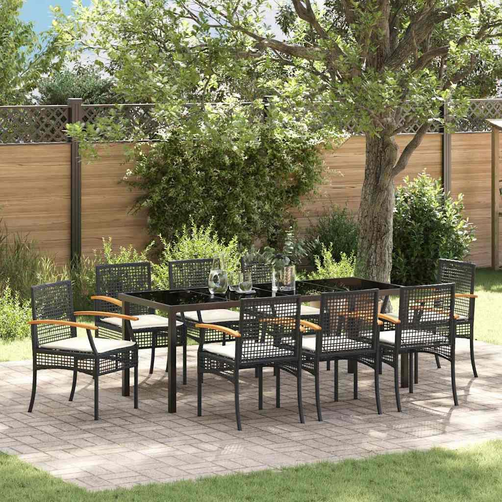 vidaXL Heim & Garten Essgruppe 9-tlg Schwarz Rattan Glastisch