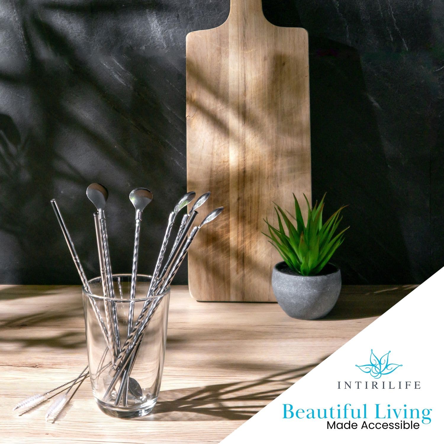 Intirilife Strohhalmlöffel Edelstahl Silber 22cm 8er mit Bürste