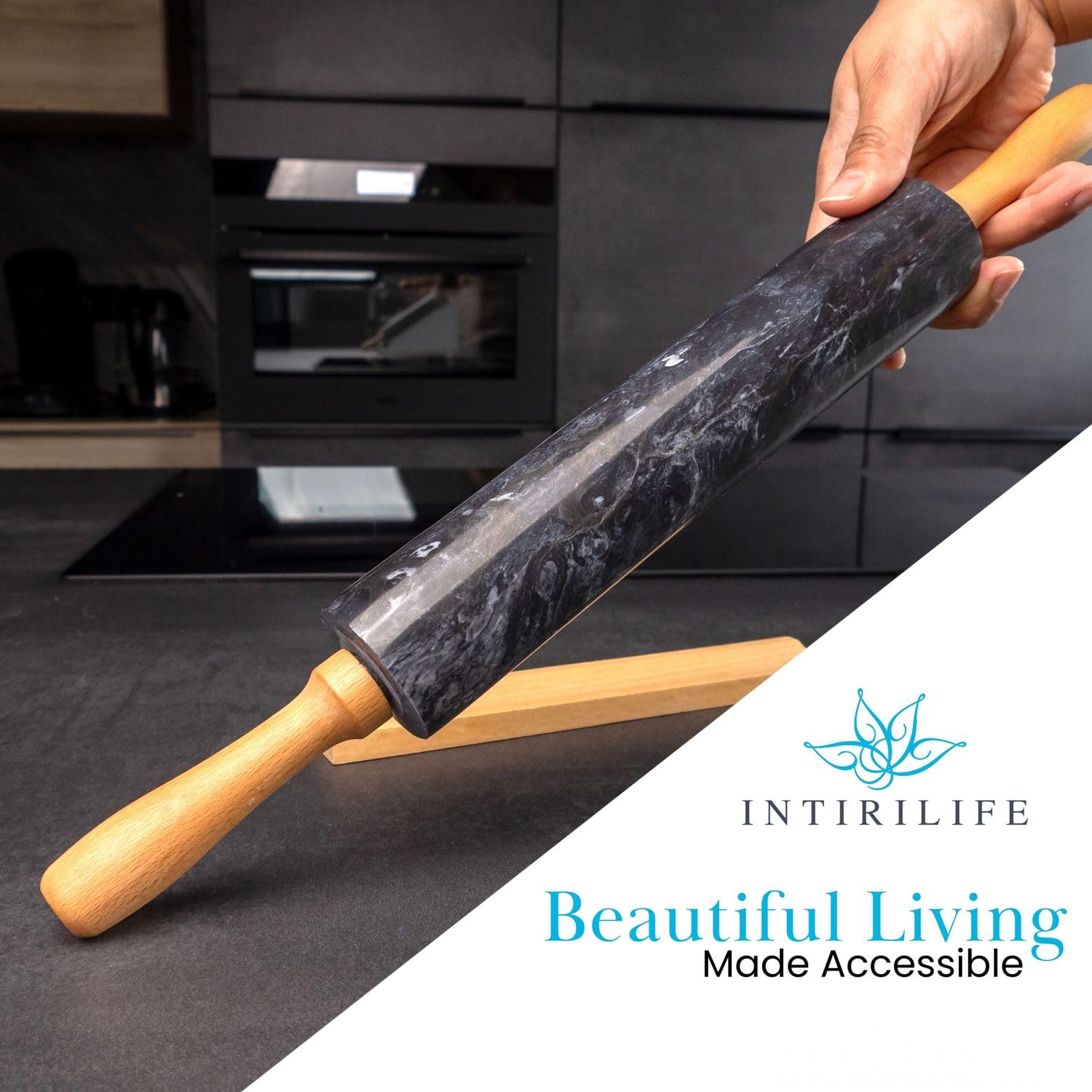 Intirilife Nudelholz Marmor Schwarz 46,5 cm mit Ablage