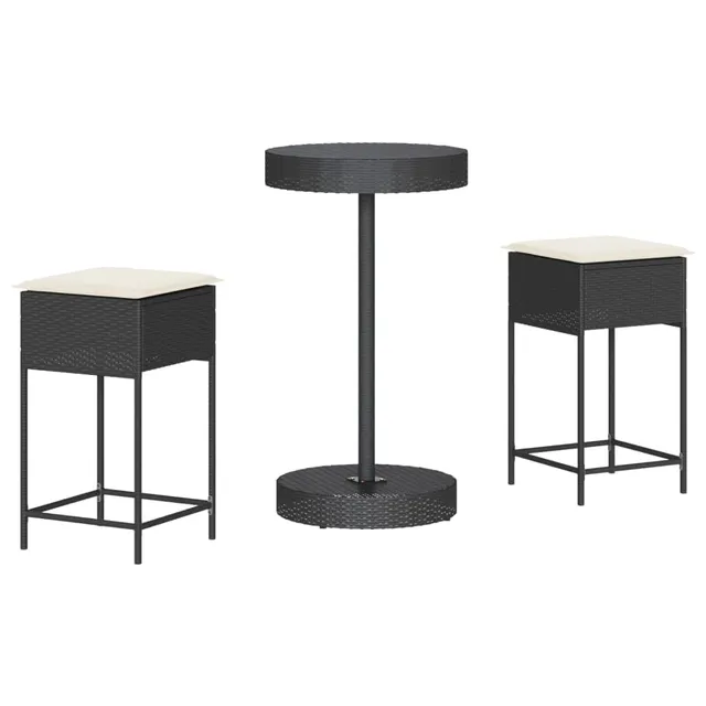 vidaXL Gartenbar-Set 3-tlg Schwarz Poly Rattan mit Kissen