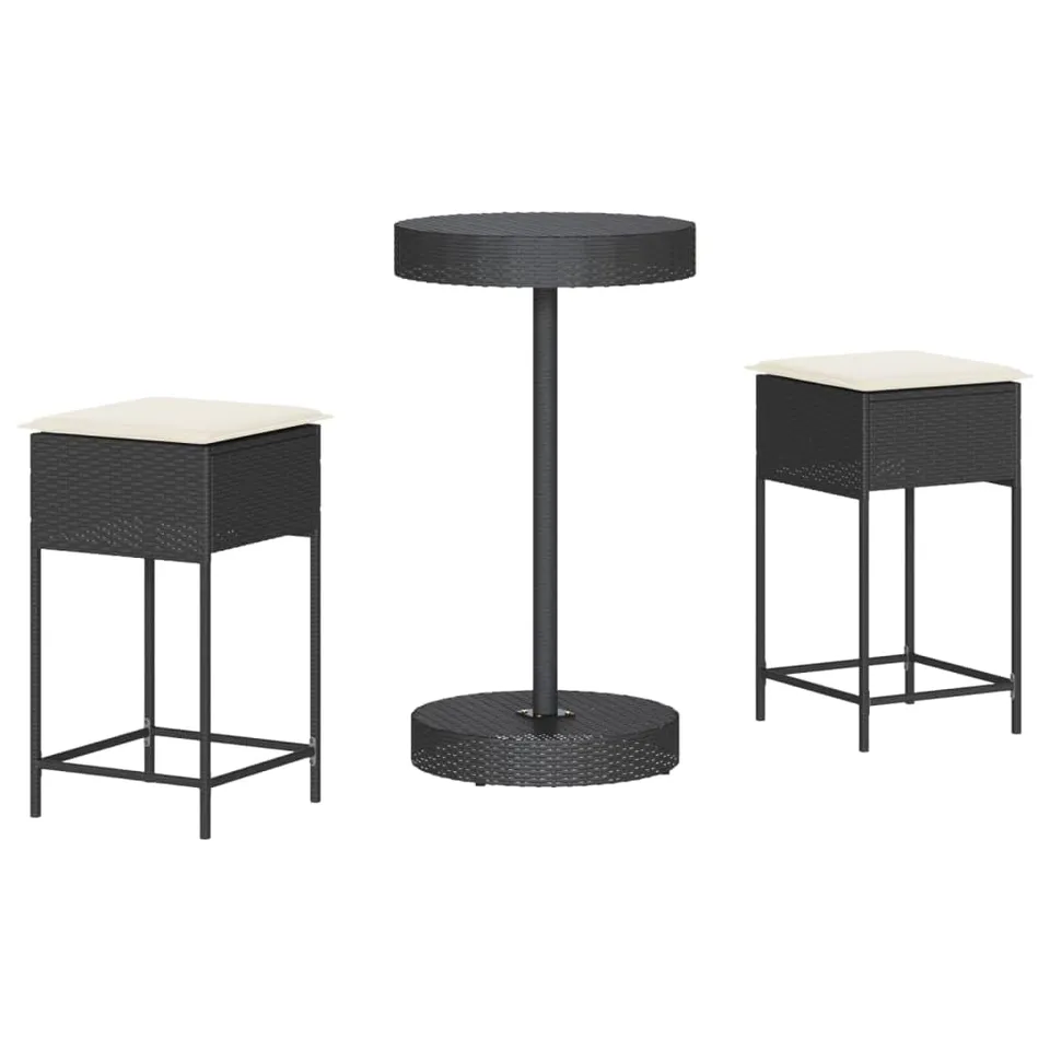 vidaXL Gartenbar-Set 3-tlg Schwarz Poly Rattan mit Kissen
