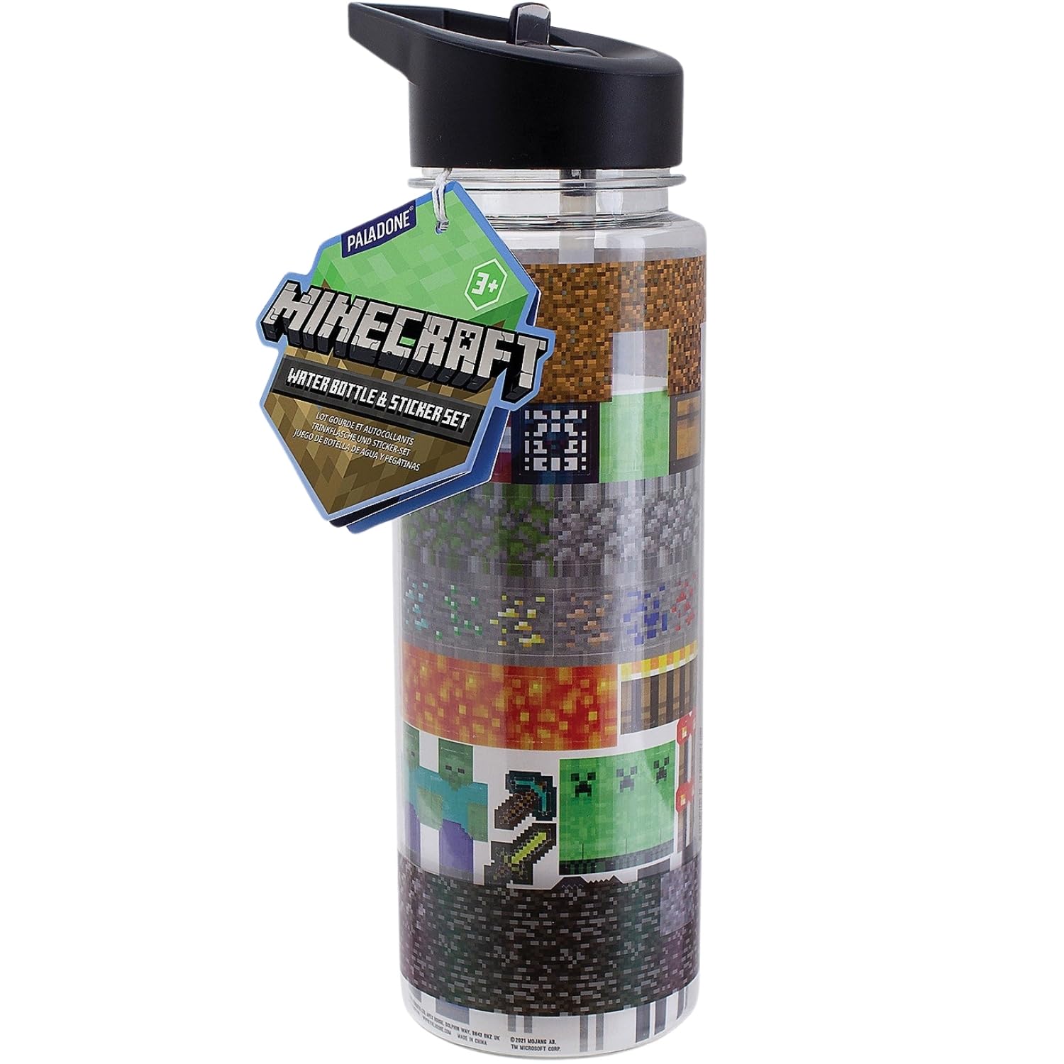 Paladone Minecraft Trinkflasche 650ml mit Sticker Set grau