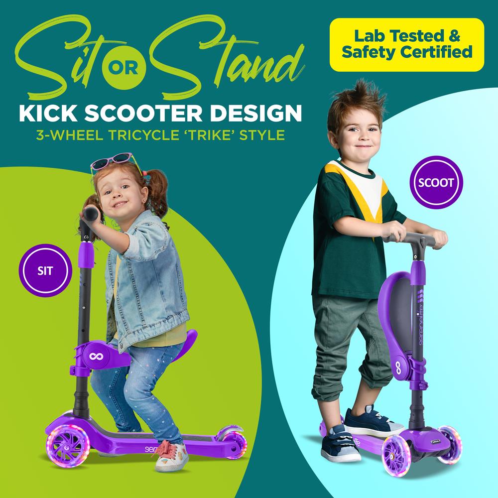 Serenelife Scooters Kinderroller 3-Rad Lila mit Sitz und LED