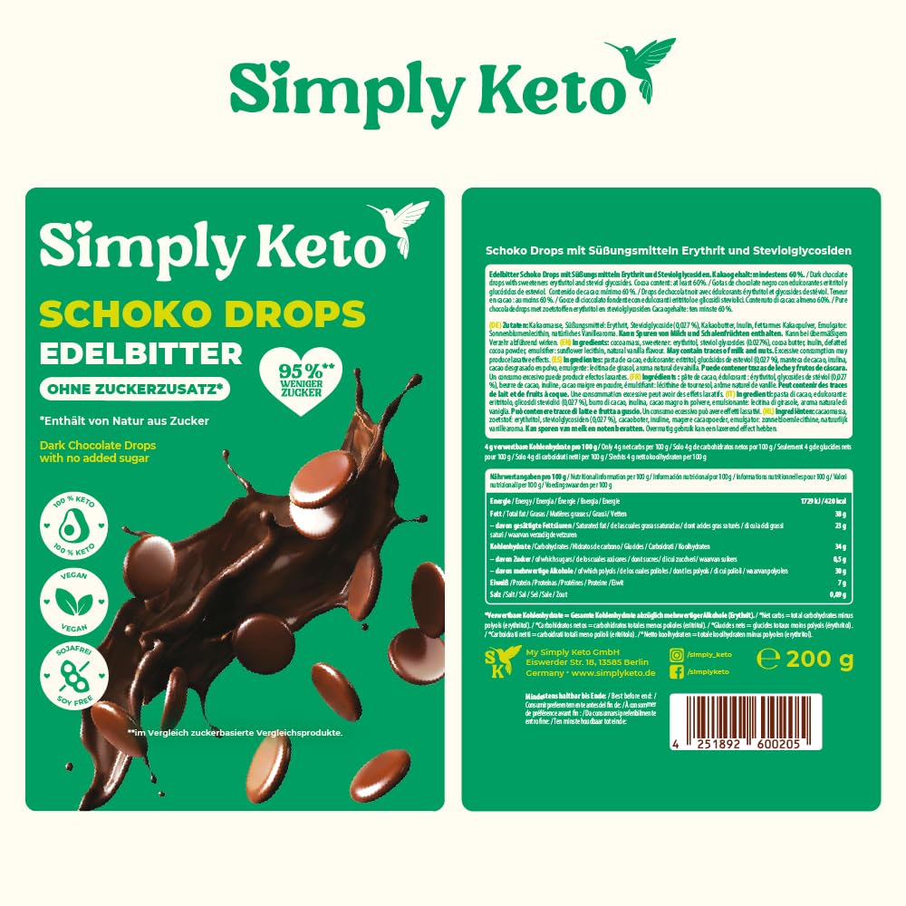 Simply Keto Schokodrops Edelbitter zuckerfrei 200g vegan